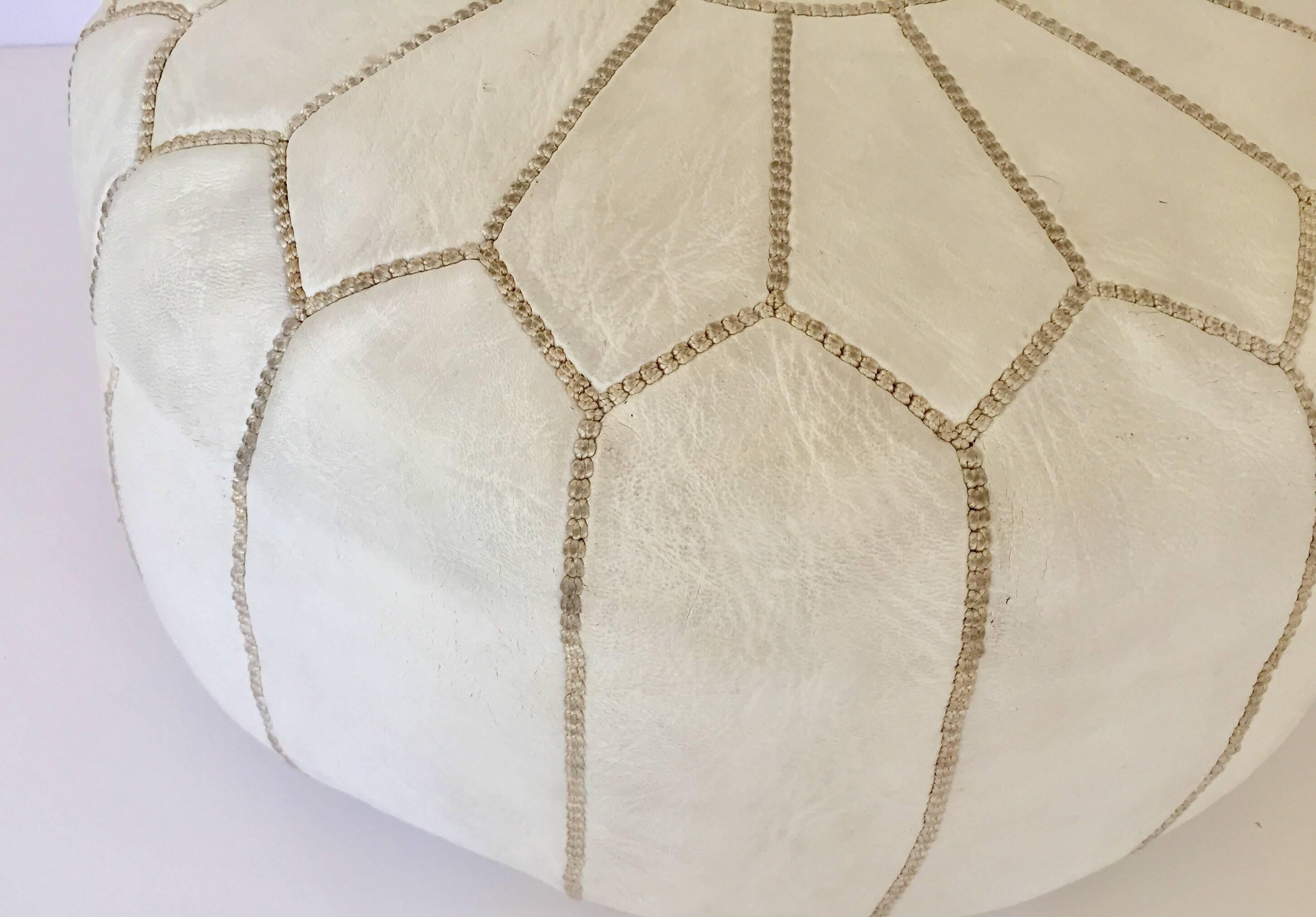 Moroccan Hand Tooled Leather Pouf in White Color 3