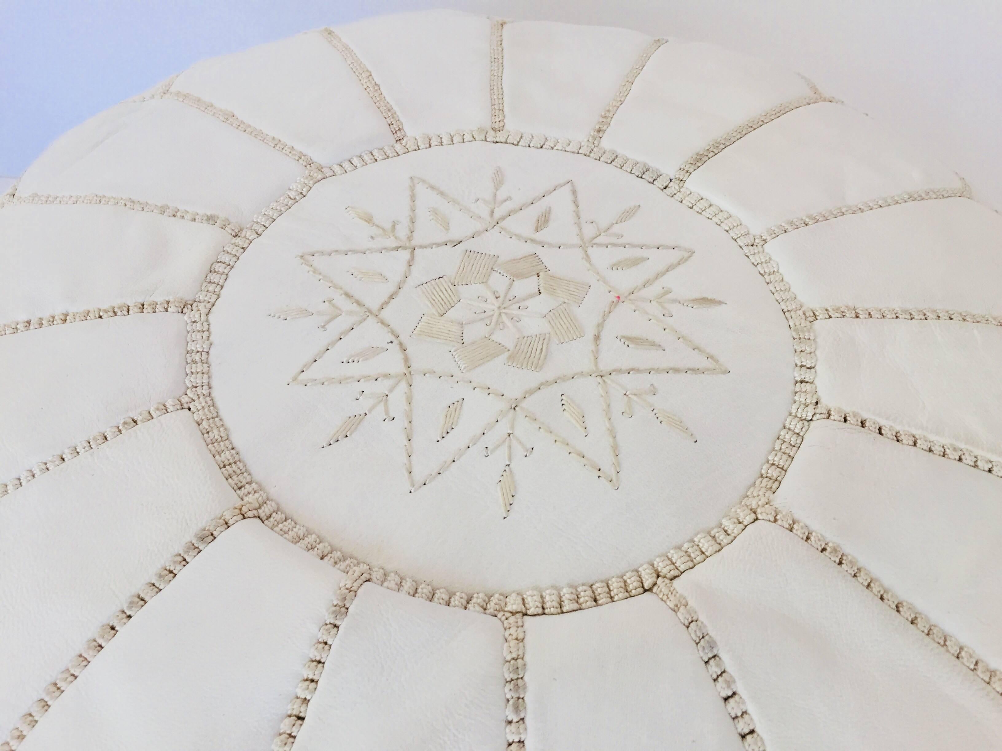 Moroccan Hand Tooled Leather Pouf in White Color 3