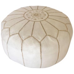 Moroccan Hand Tooled Leather Pouf in White Color