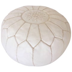 Moroccan Hand Tooled Leather Pouf in White Color