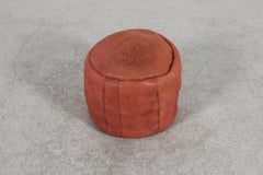 Moroccan Hand-Tooled Leather Pouf with Geometric Flower Motif