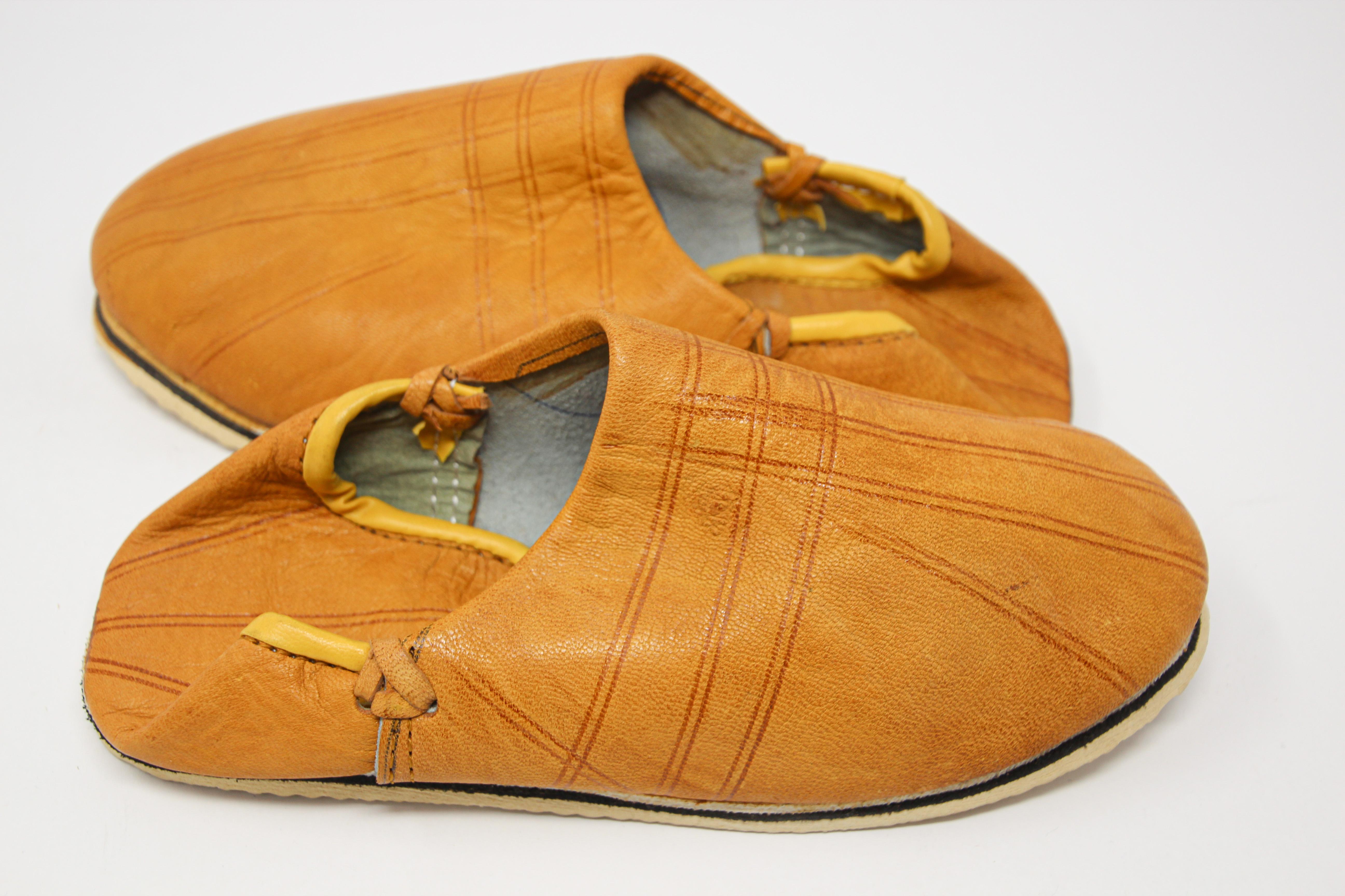Hand-Crafted Moroccan Hand Tooled Yellow Leather Slippers For Sale