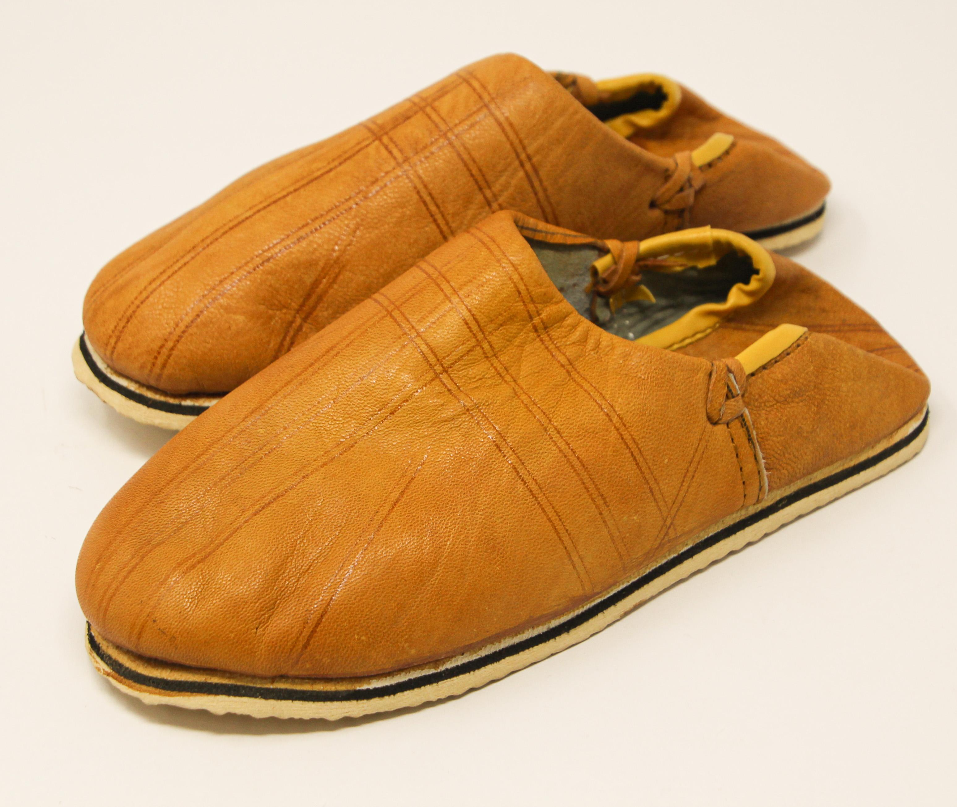 Moroccan Hand Tooled Yellow Leather Slippers For Sale 1