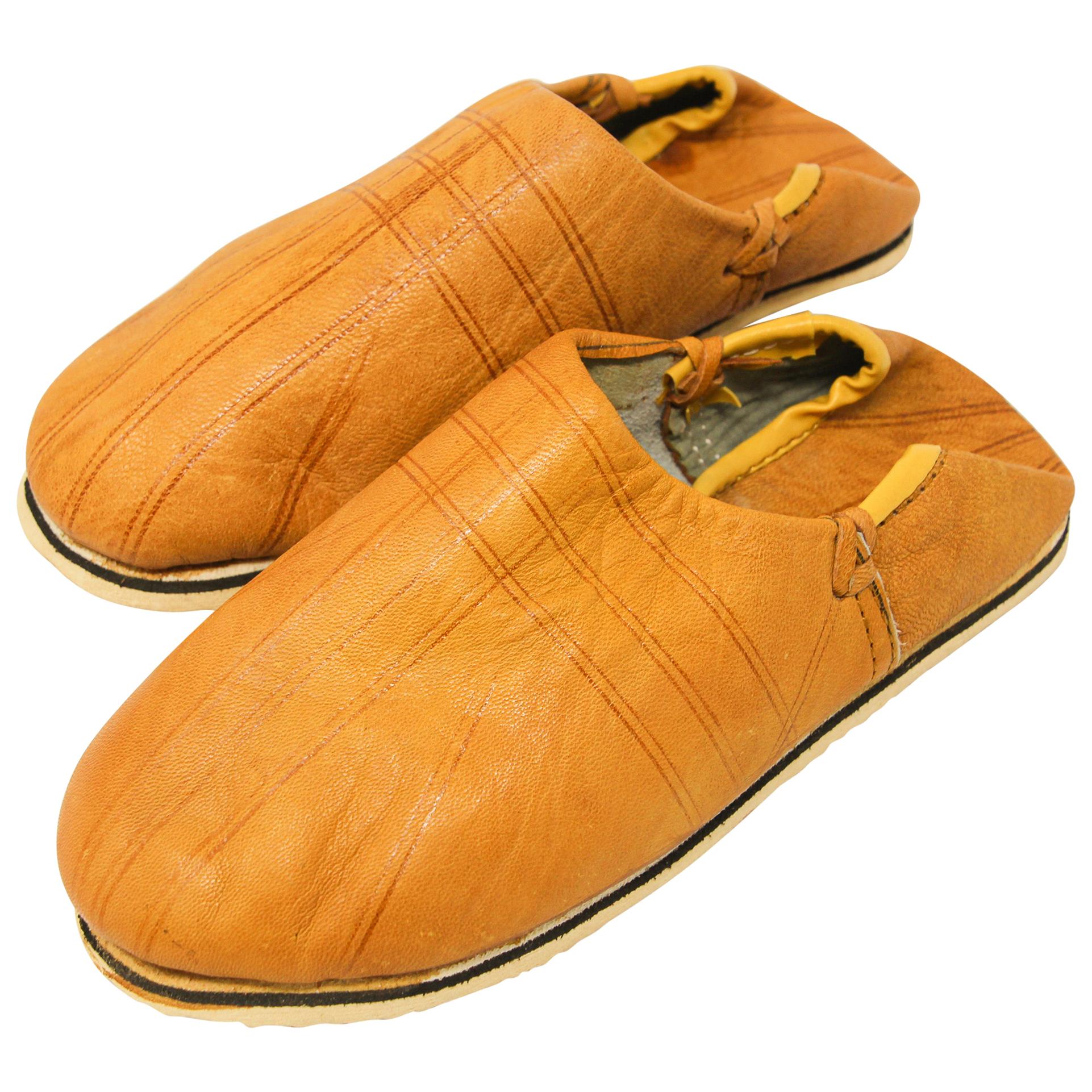 Moroccan Hand Tooled Yellow Leather Slippers For Sale