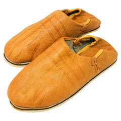 Vintage Moroccan Hand Tooled Yellow Leather Slippers Ethnic Shoes