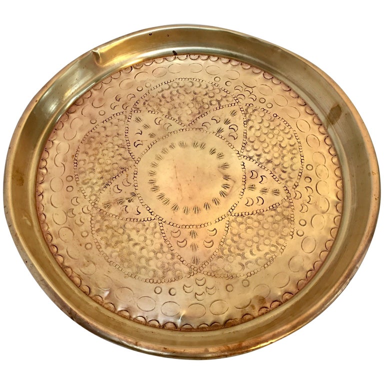 Moroccan Handcrafted Brass Round Tray For Sale at 1stDibs