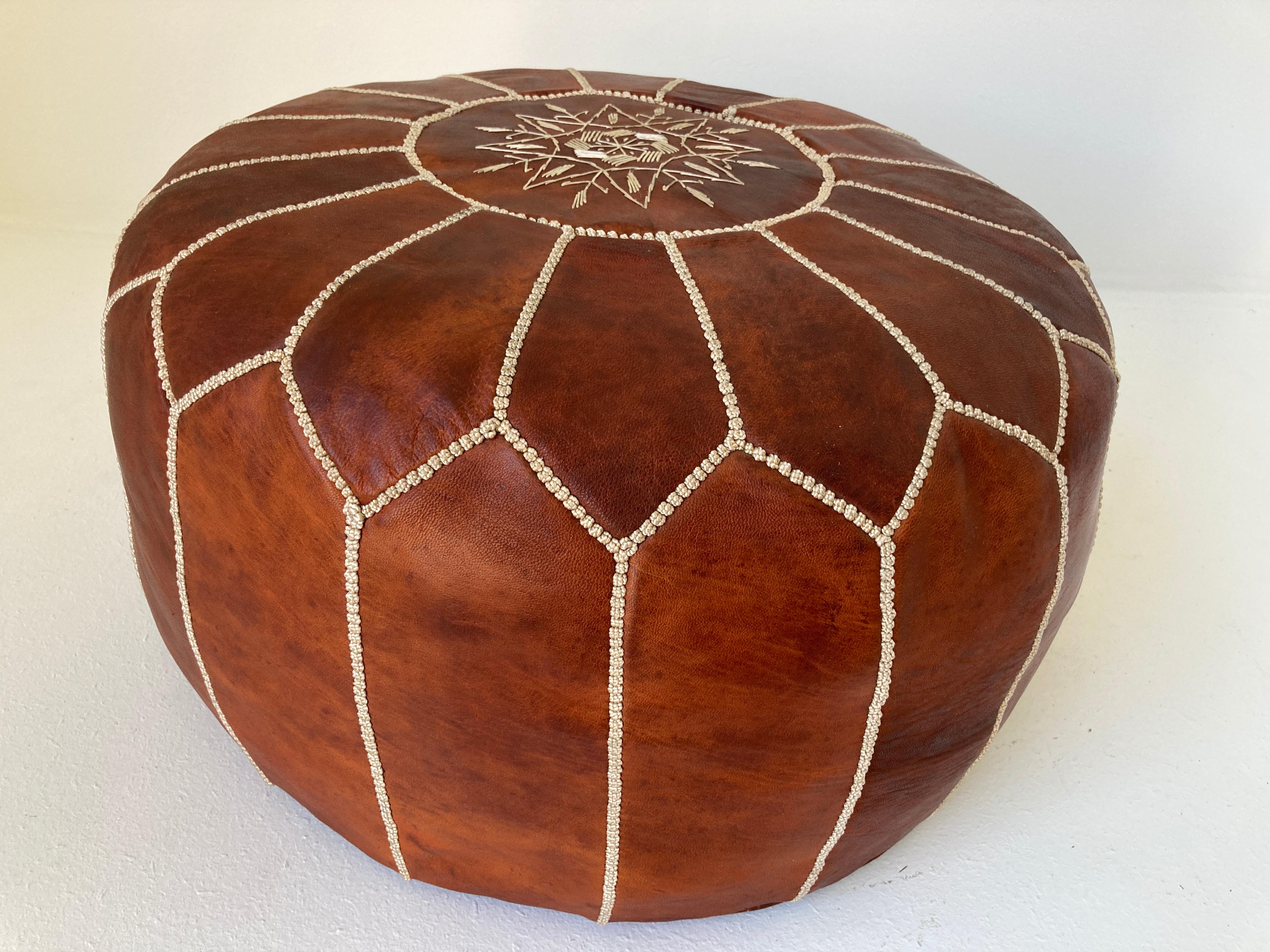 Bohemian Moroccan Handcrafted Leather Brown Ottoman For Sale