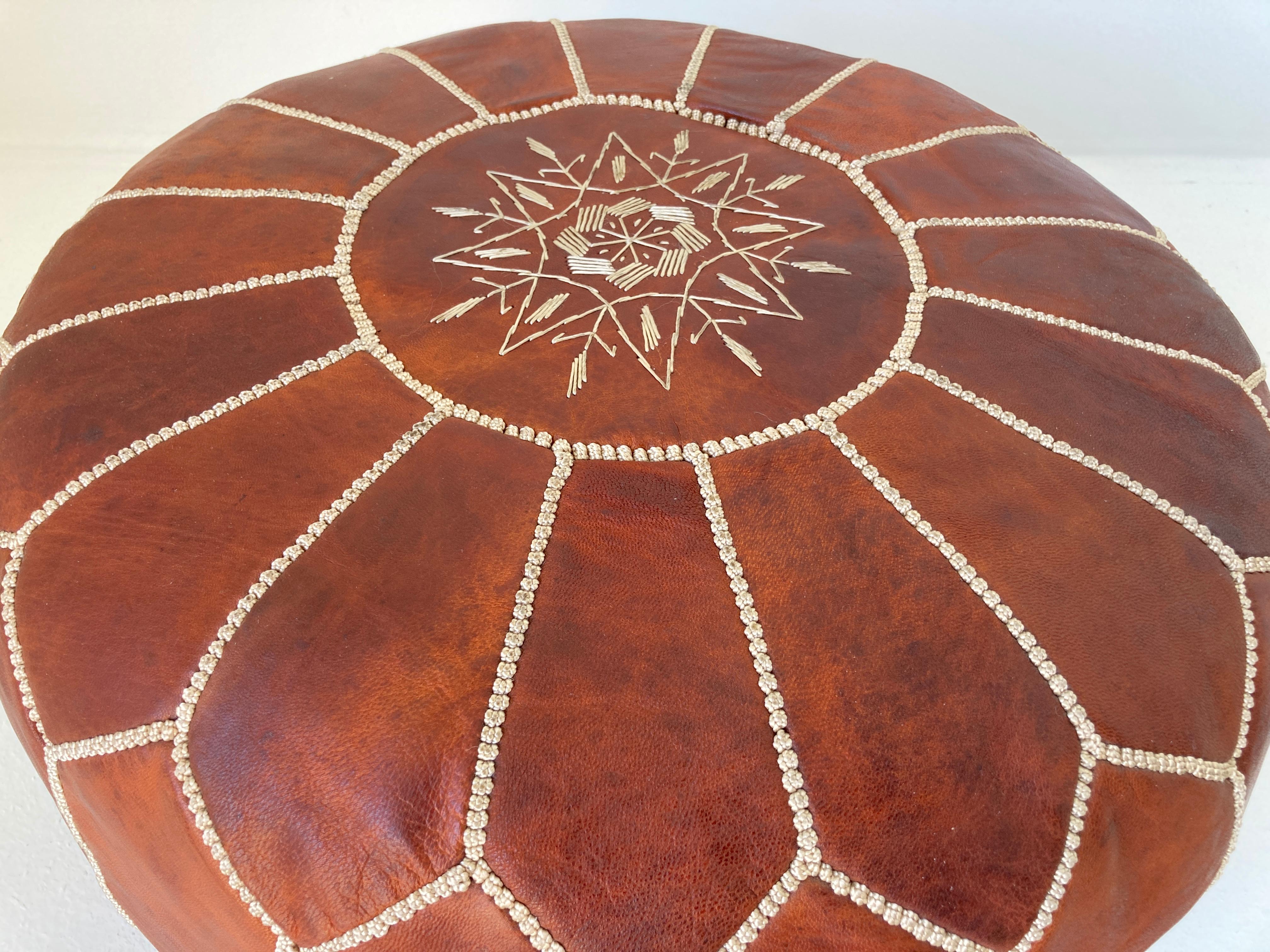 Moroccan Handcrafted Leather Brown Ottoman For Sale 1