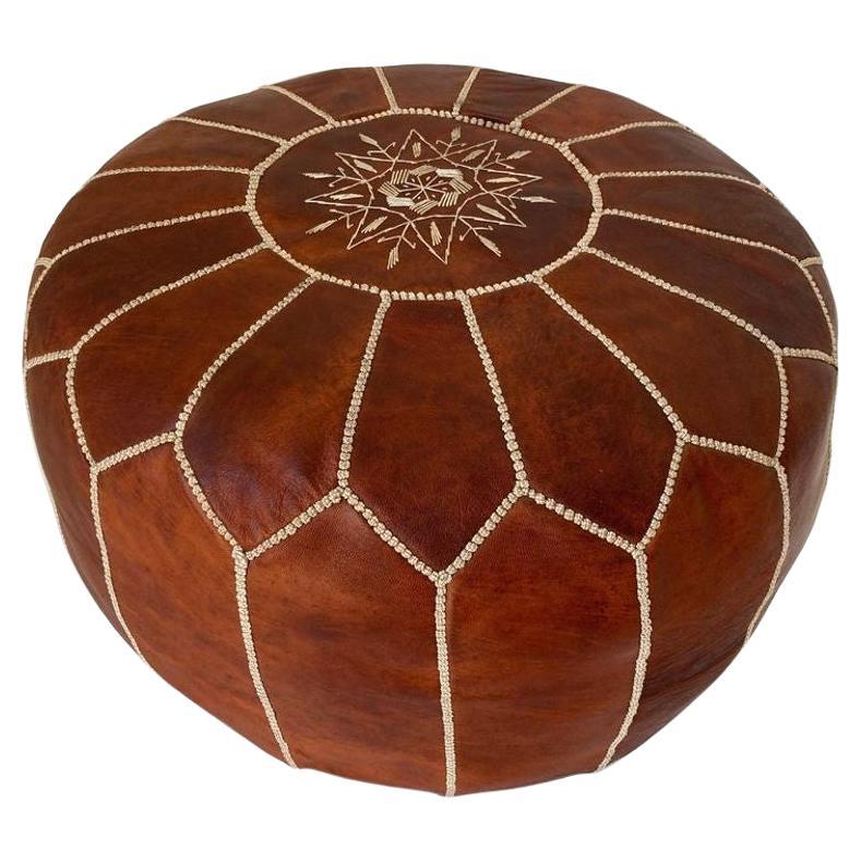 Moroccan Handcrafted Leather Brown Ottoman For Sale