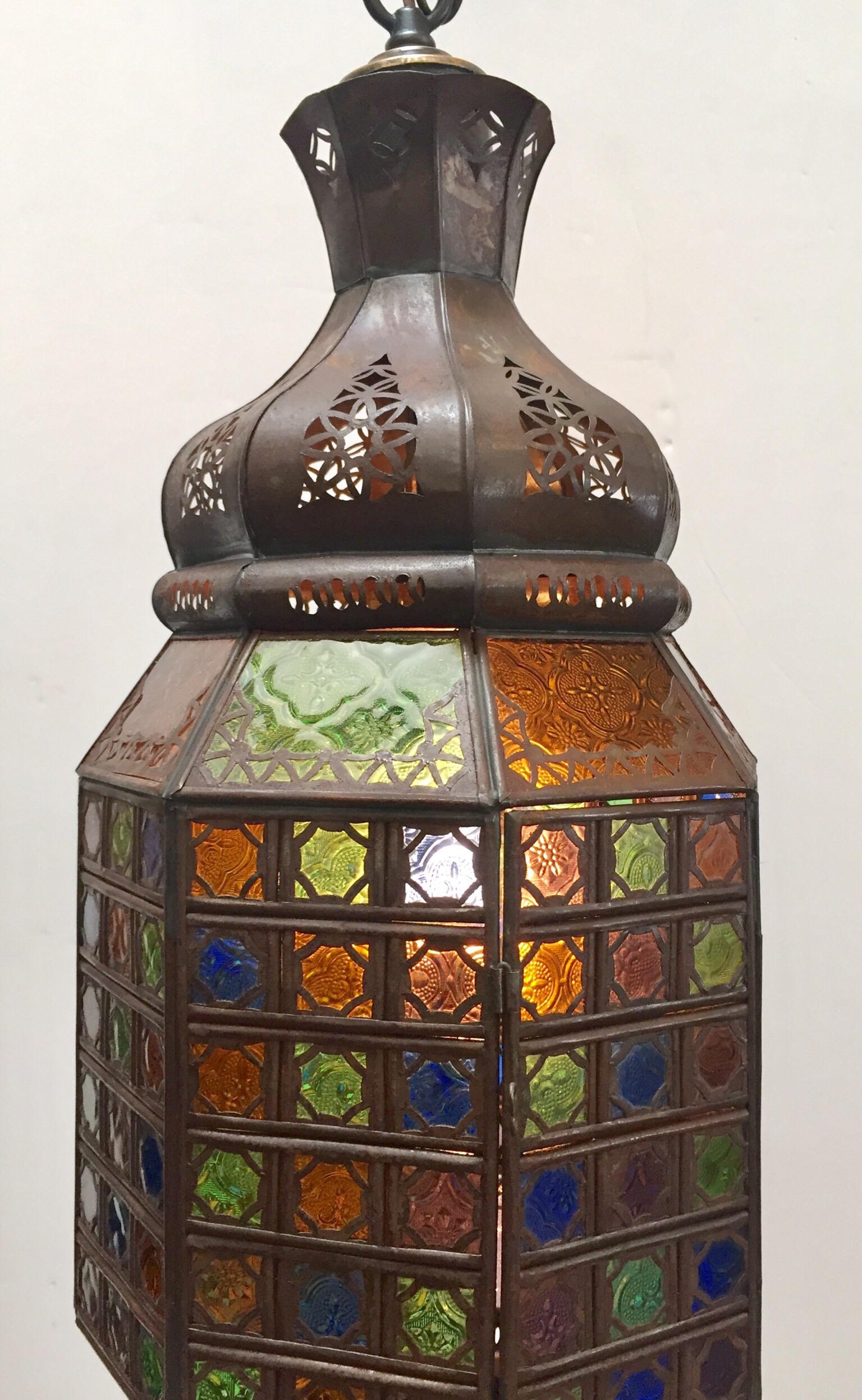 Moroccan Openwork Metal Lantern with Multi-Color Moorish Glass 4