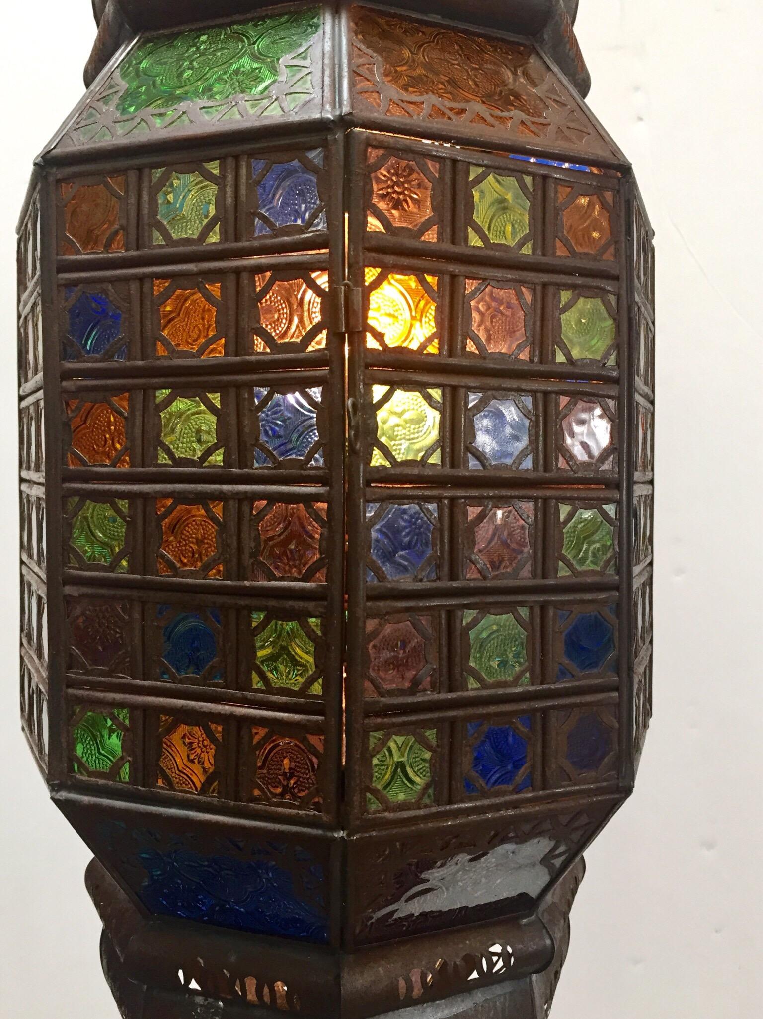 Moroccan Openwork Metal Lantern with Multi-Color Moorish Glass 5