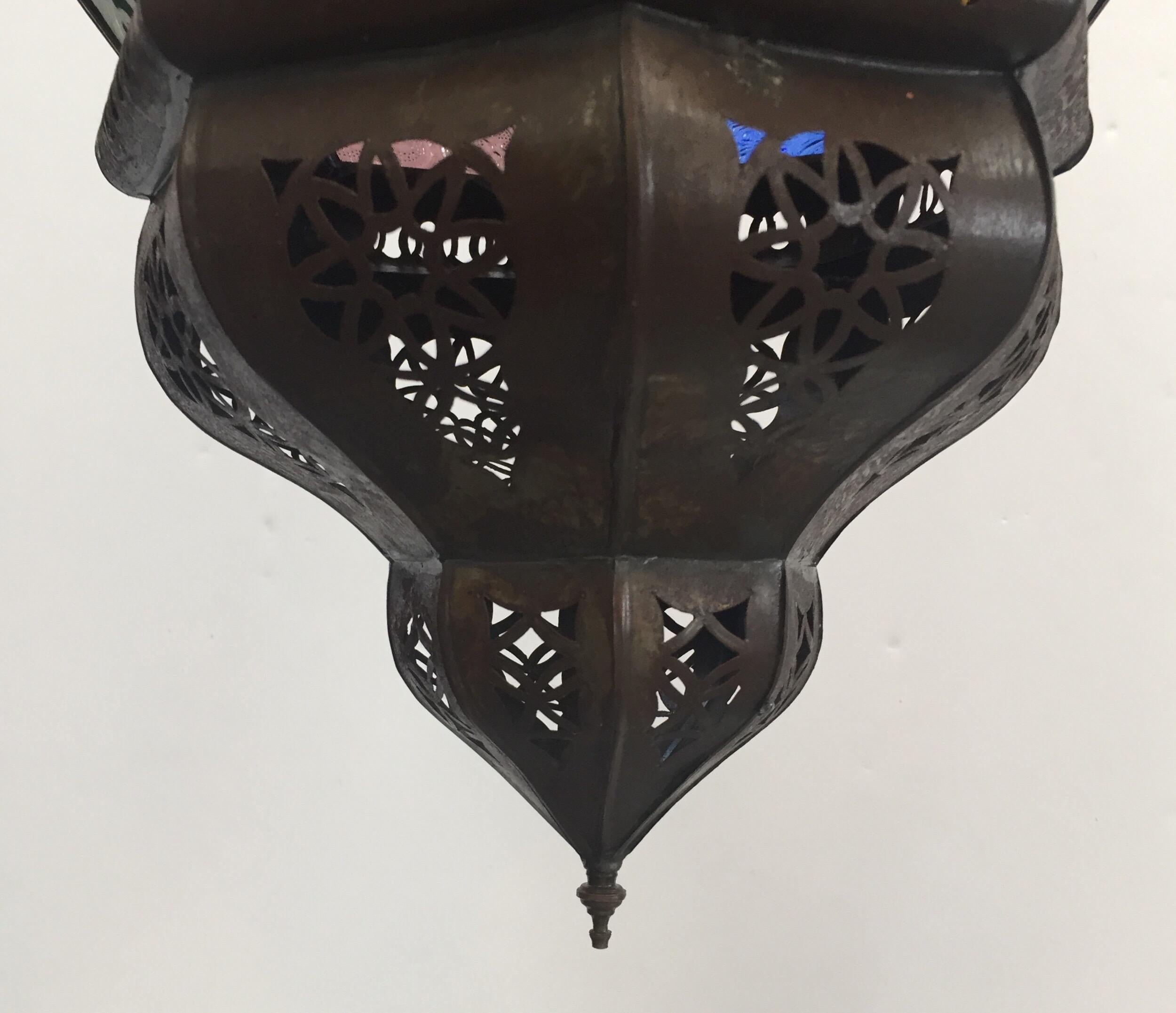 Blackened Moroccan Openwork Metal Lantern with Multi-Color Moorish Glass