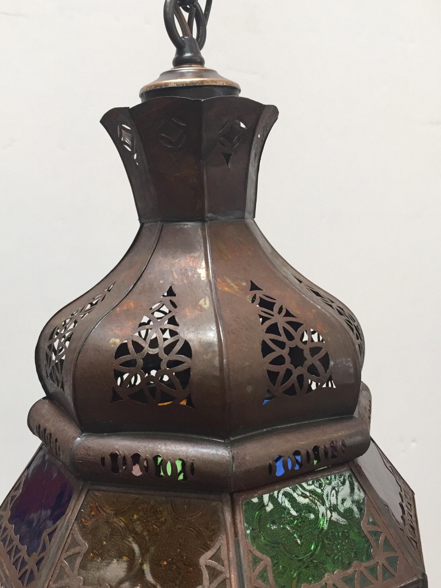 20th Century Moroccan Openwork Metal Lantern with Multi-Color Moorish Glass