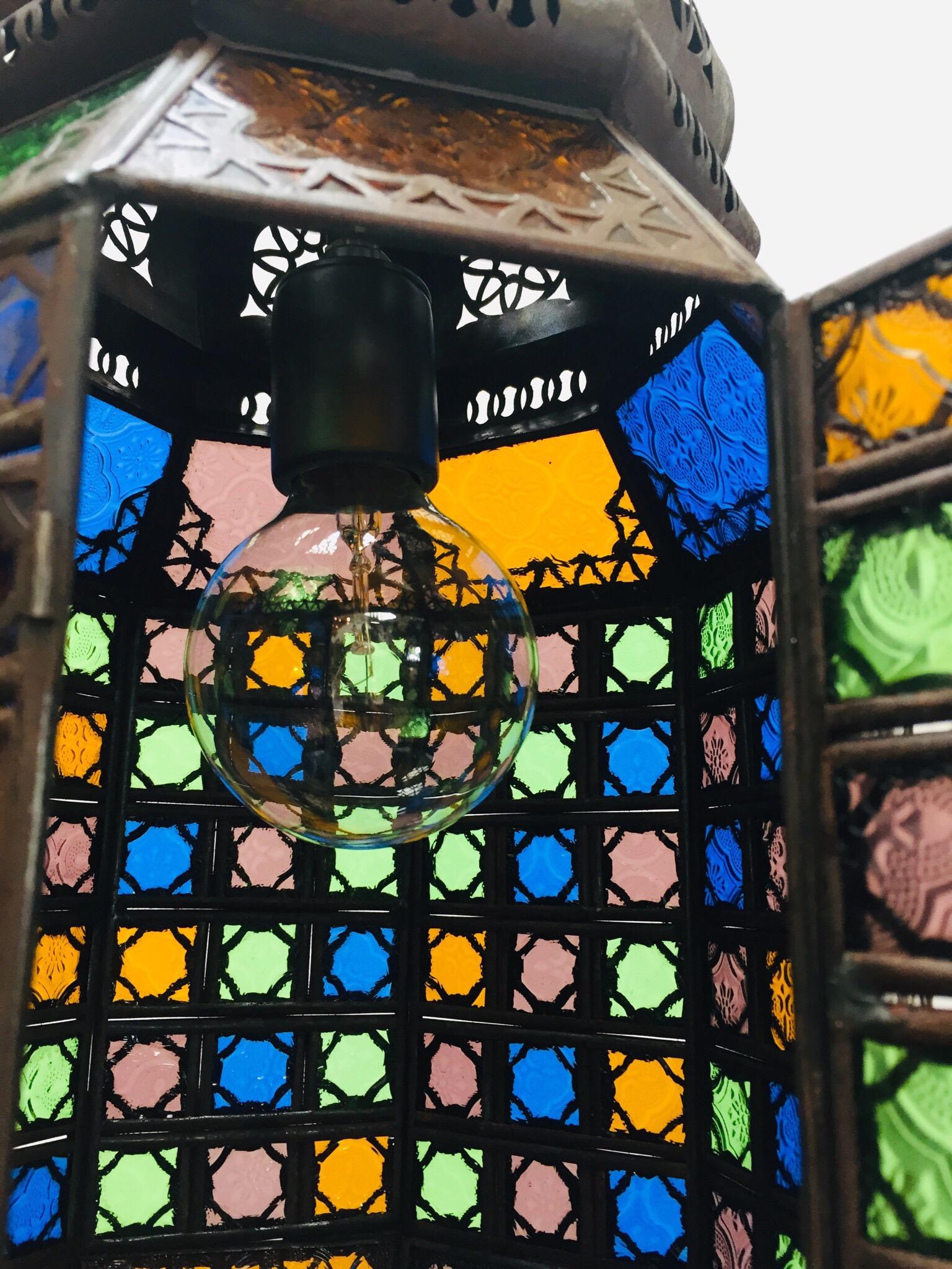 Moroccan Openwork Metal Lantern with Multi-Color Moorish Glass 3