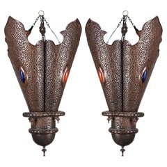 Vintage Moroccan Handcrafted Metal Lanterns, North Africa set of 2