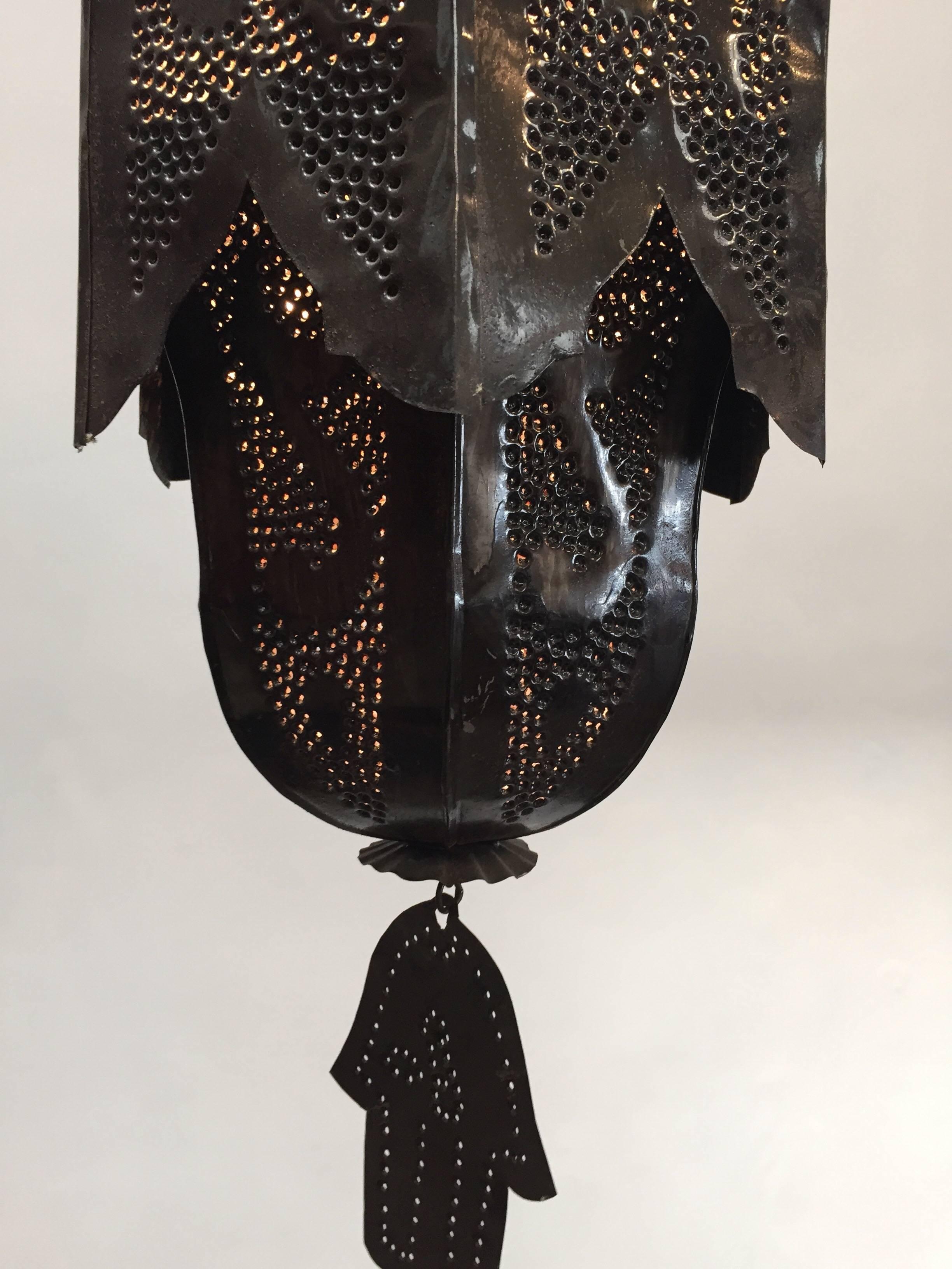20th Century Moorish Handcrafted Metal Lanterns Pendants with Hand of Fatima, North Africa For Sale