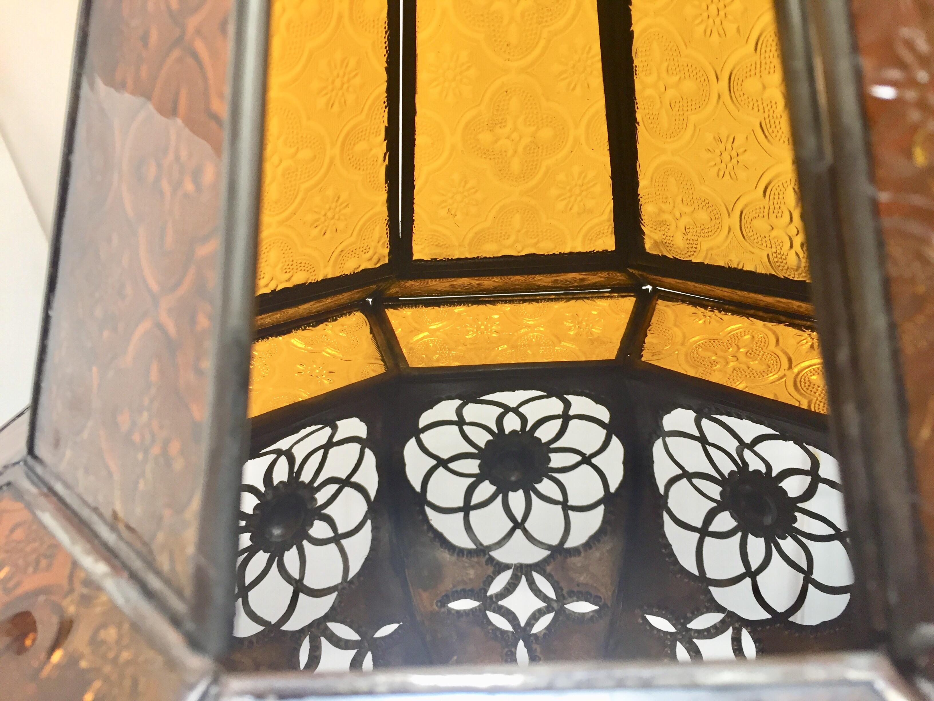 Moroccan Handcrafted Moorish Amber Glass Lantern Pendant For Sale 3