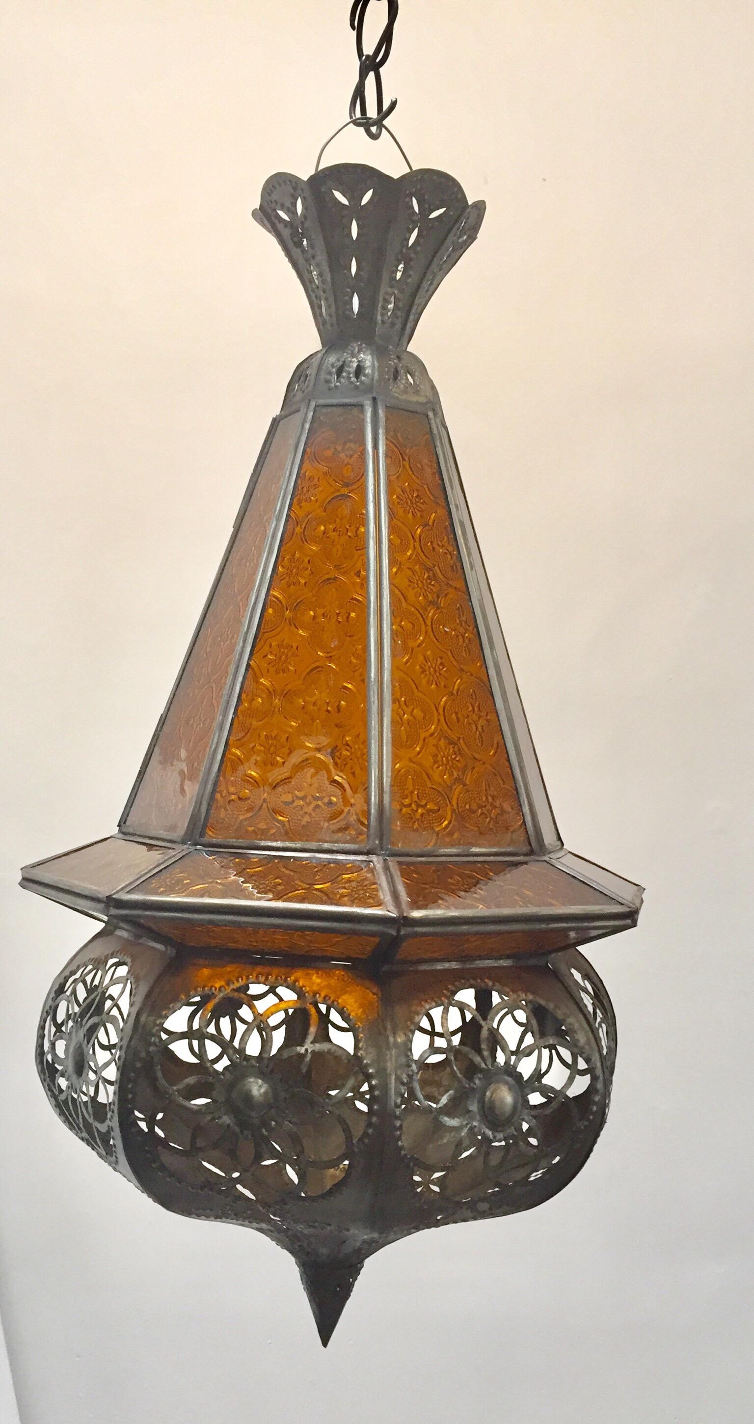 Metal Moroccan Handcrafted Moorish Amber Glass Lantern Pendant For Sale