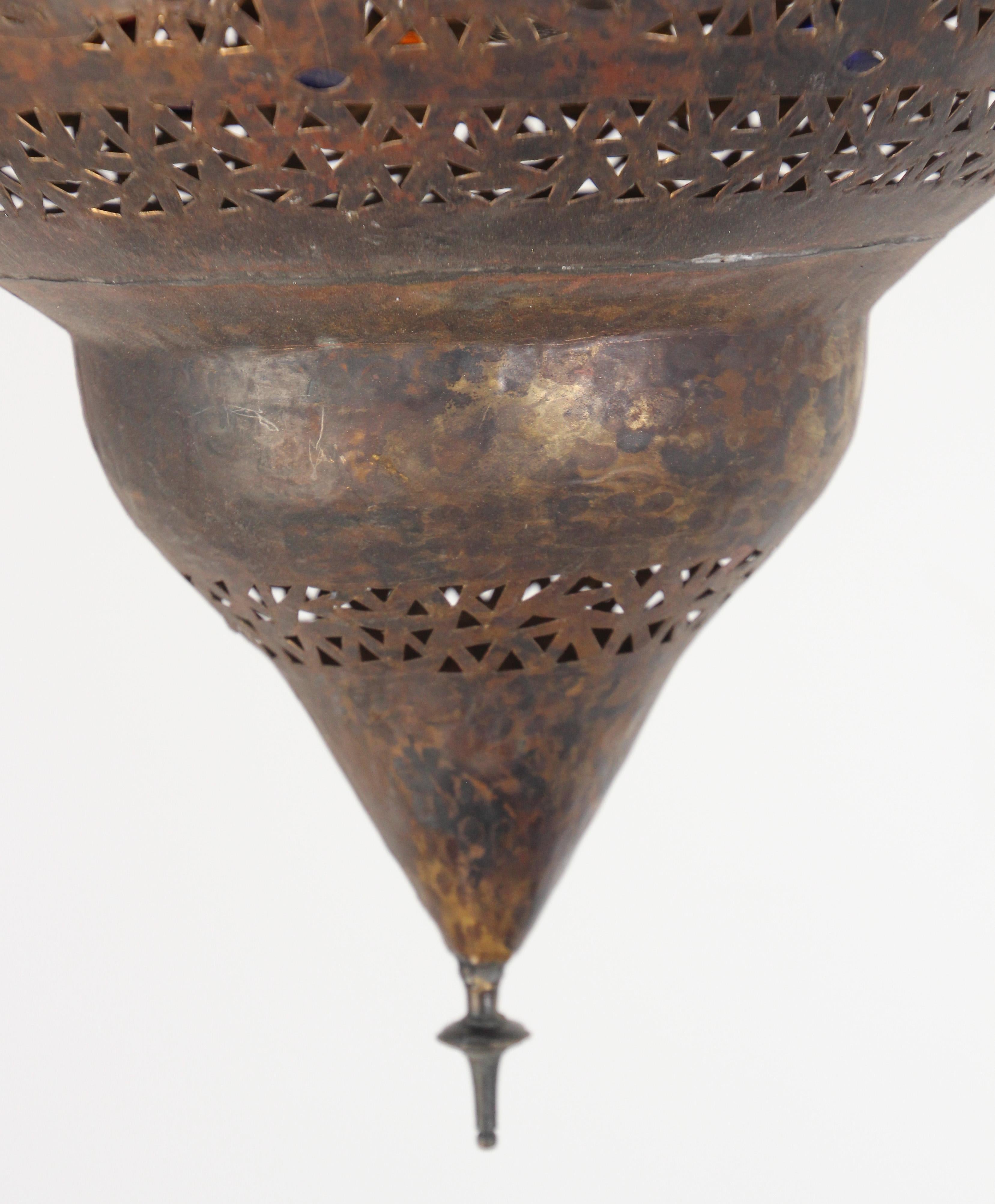 Moroccan Handcrafted Moorish Bronze Pendant Lantern with Multi-Color Glass 5