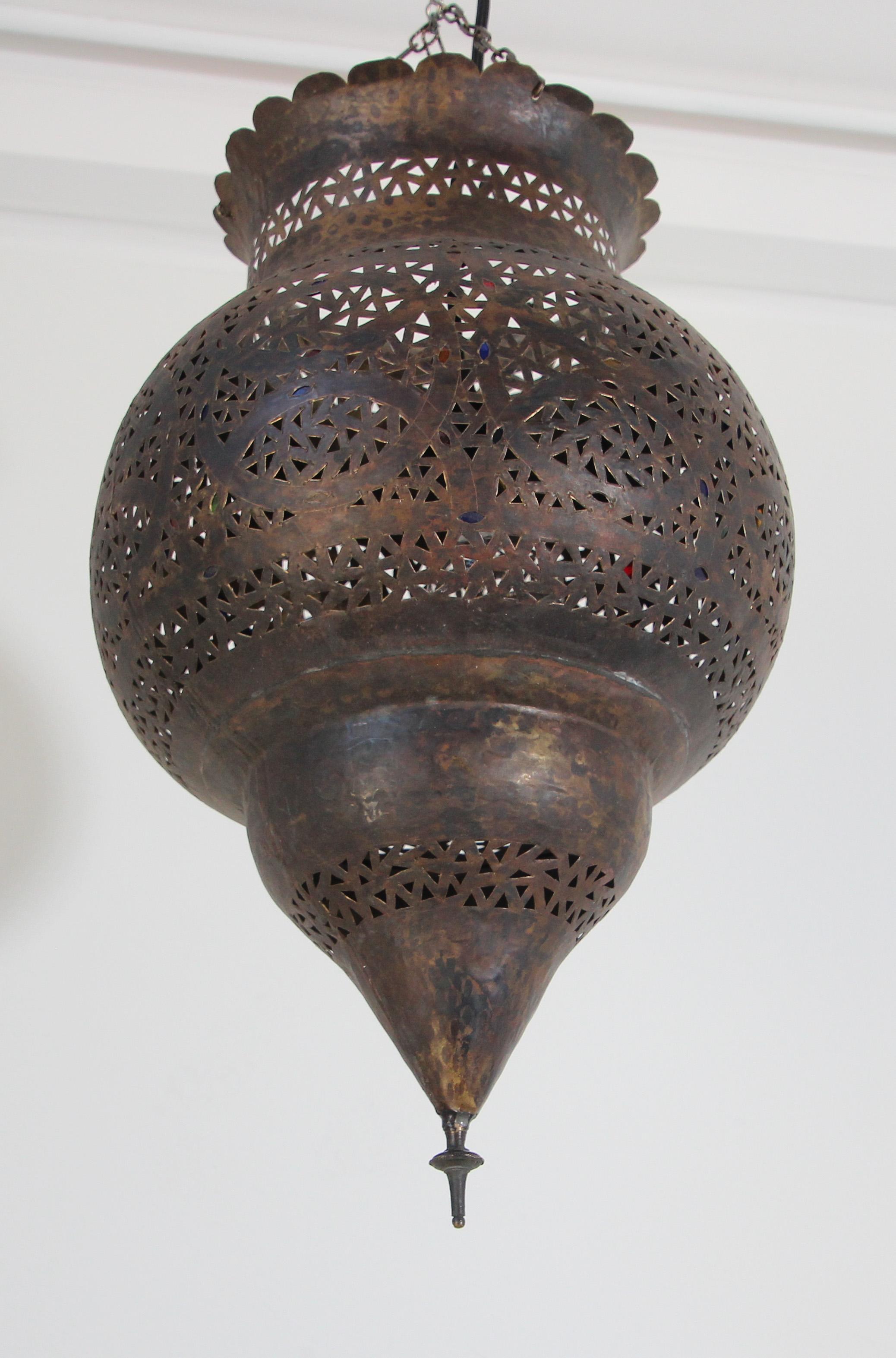 Moroccan Handcrafted Moorish Bronze Pendant Lantern with Multi-Color Glass 6