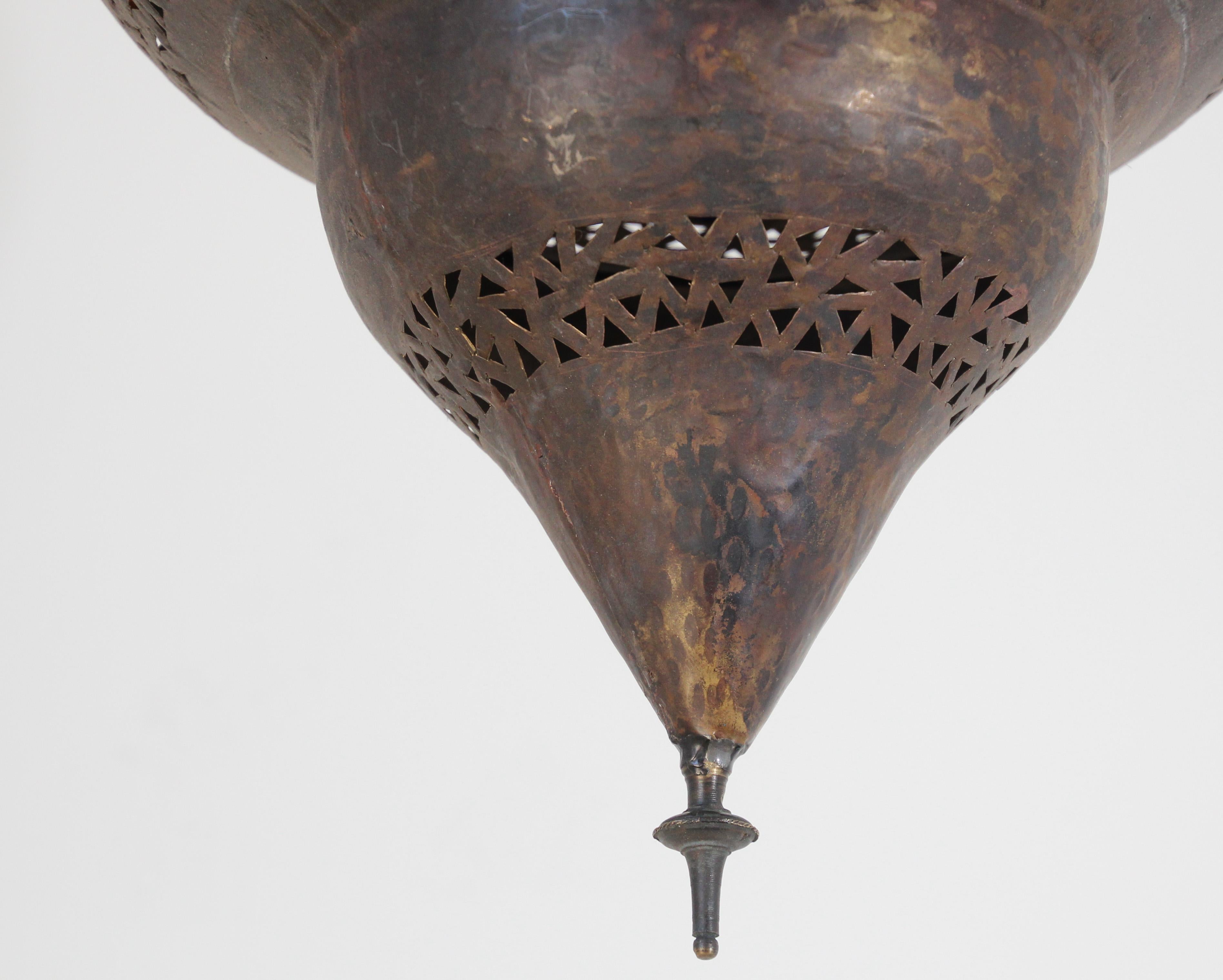 Moroccan Handcrafted Moorish Bronze Pendant Lantern with Multi-Color Glass 7