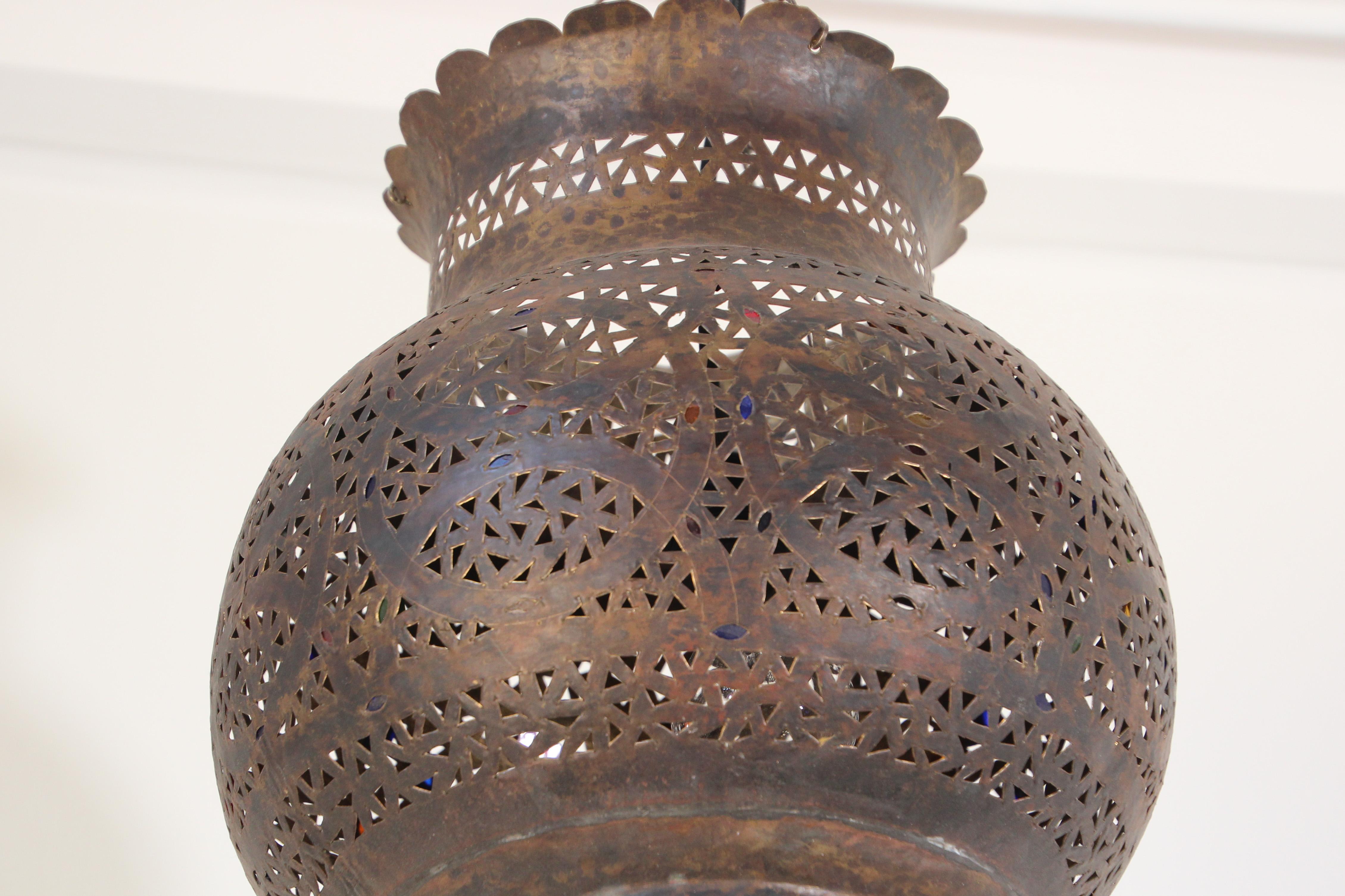 Moroccan Handcrafted Moorish Bronze Pendant Lantern with Multi-Color Glass 8