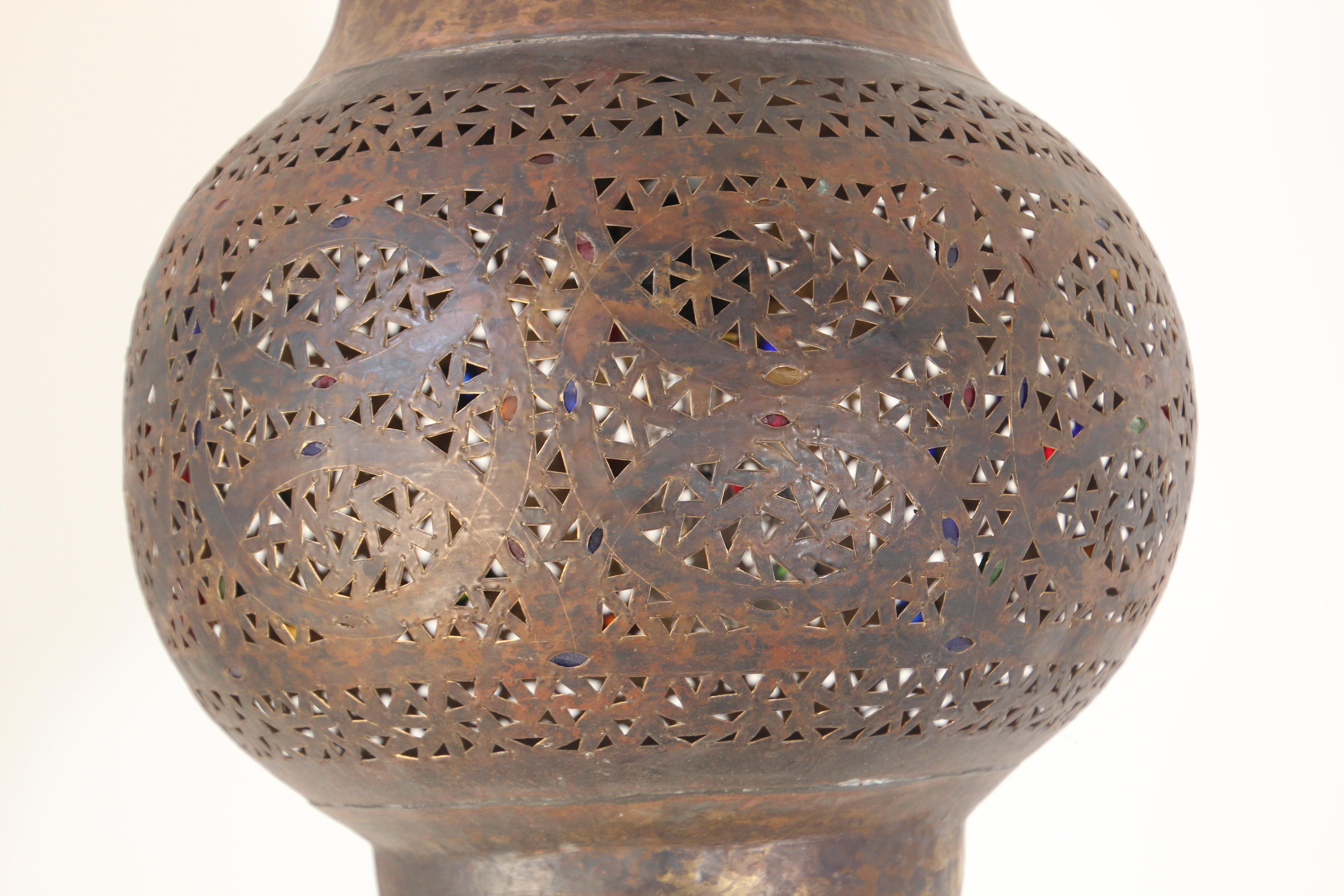 20th Century Moroccan Handcrafted Moorish Bronze Pendant Lantern with Multi-Color Glass
