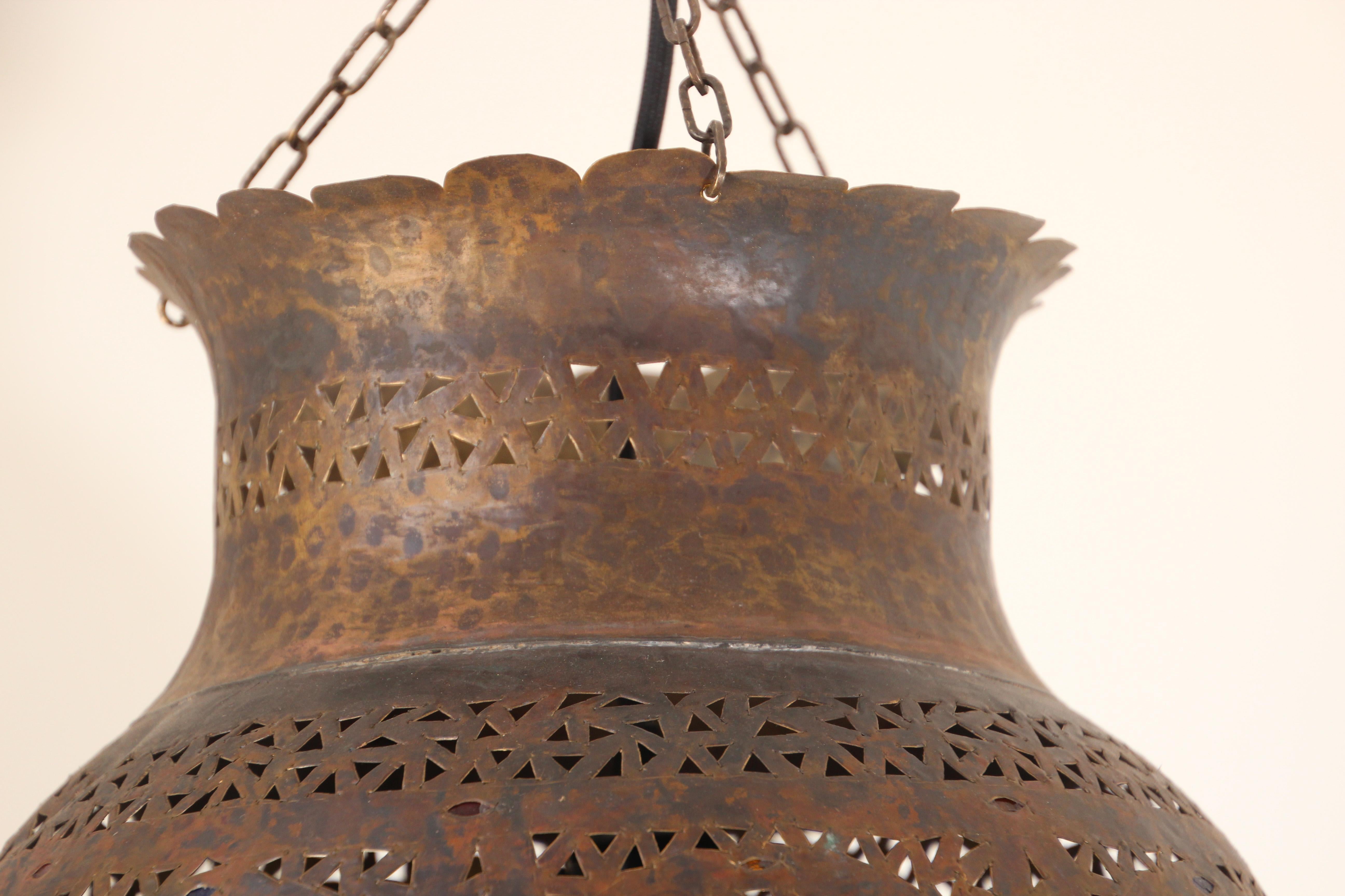 Metal Moroccan Handcrafted Moorish Bronze Pendant Lantern with Multi-Color Glass