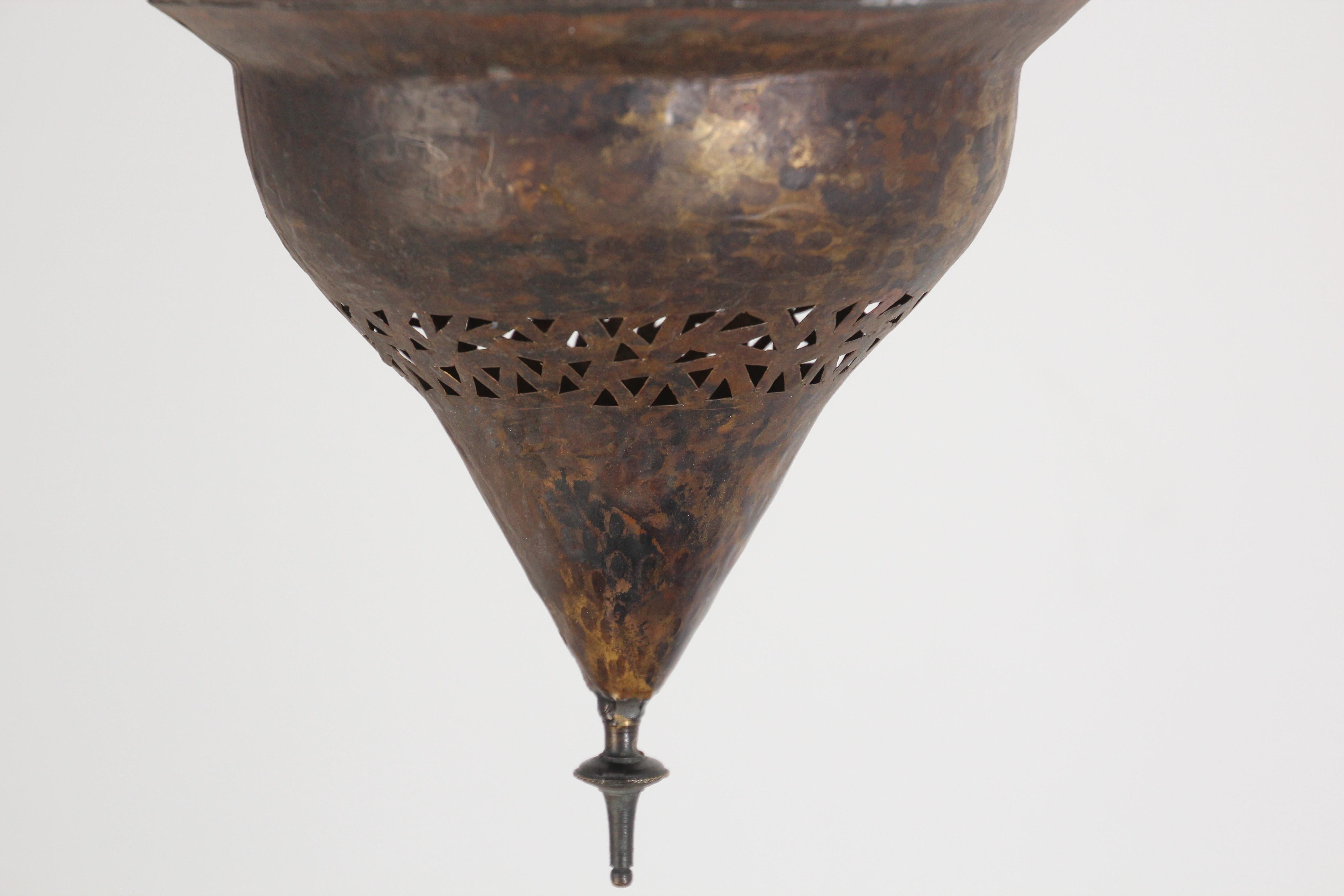 Moroccan Handcrafted Moorish Bronze Pendant Lantern with Multi-Color Glass 1