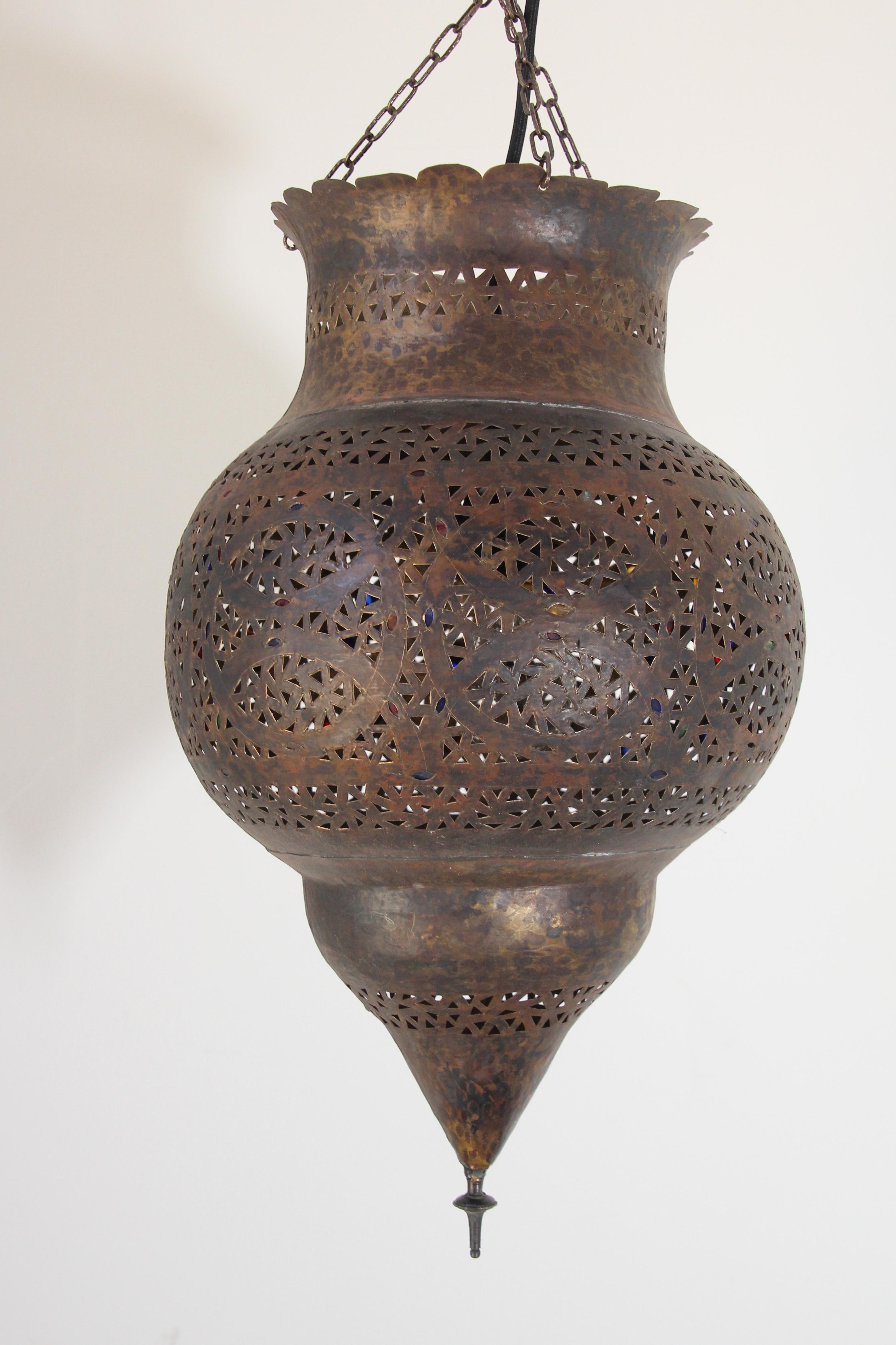 Moroccan Handcrafted Moorish Bronze Pendant Lantern with Multi-Color Glass 3