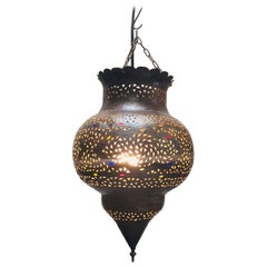 Vintage Moroccan Handcrafted Moorish Bronze Pendant Lantern with Multi-Color Glass