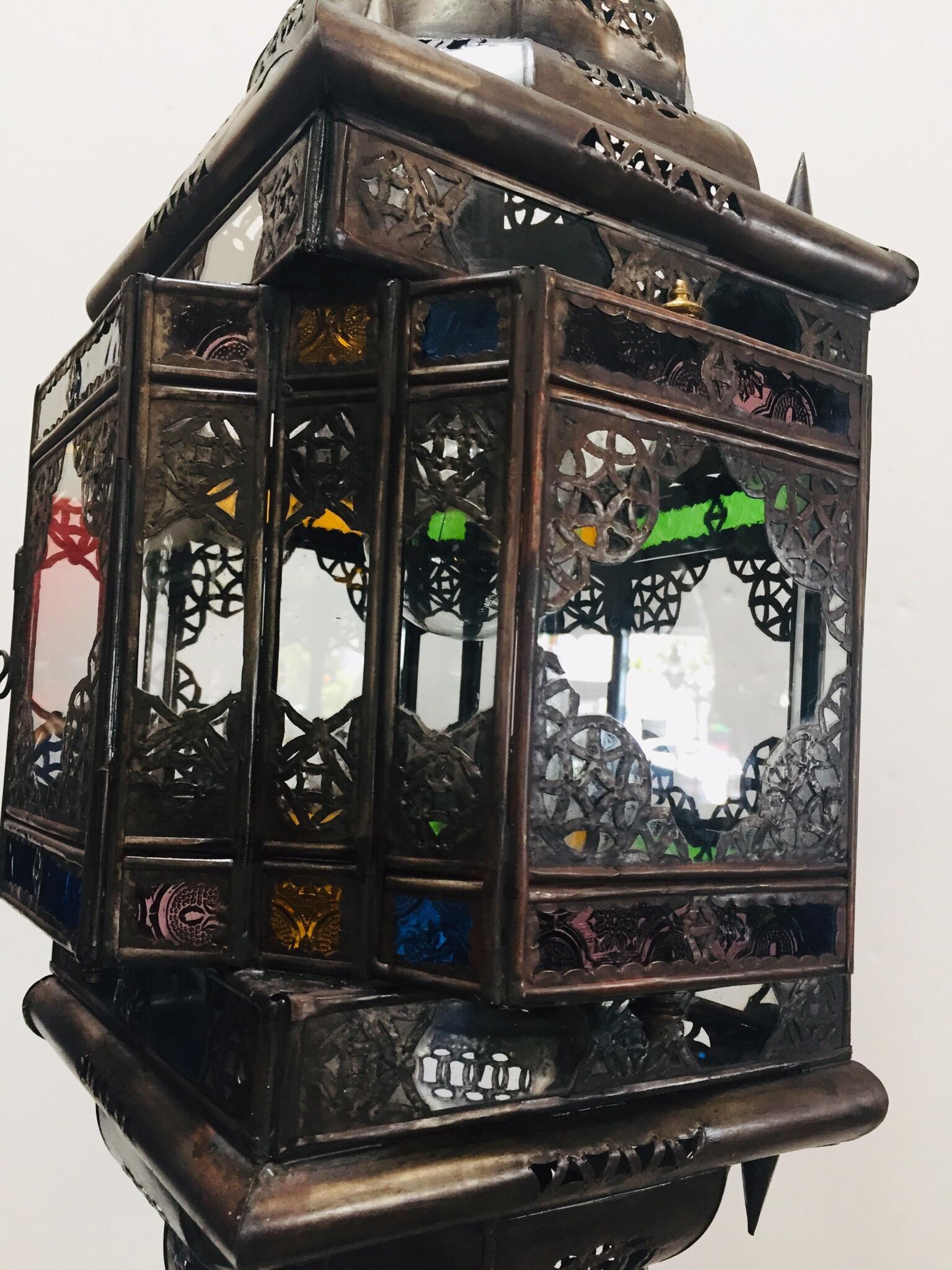 Moroccan Hall Lantern Light Fixture with Multi-Color Glass Moorish Style For Sale 2