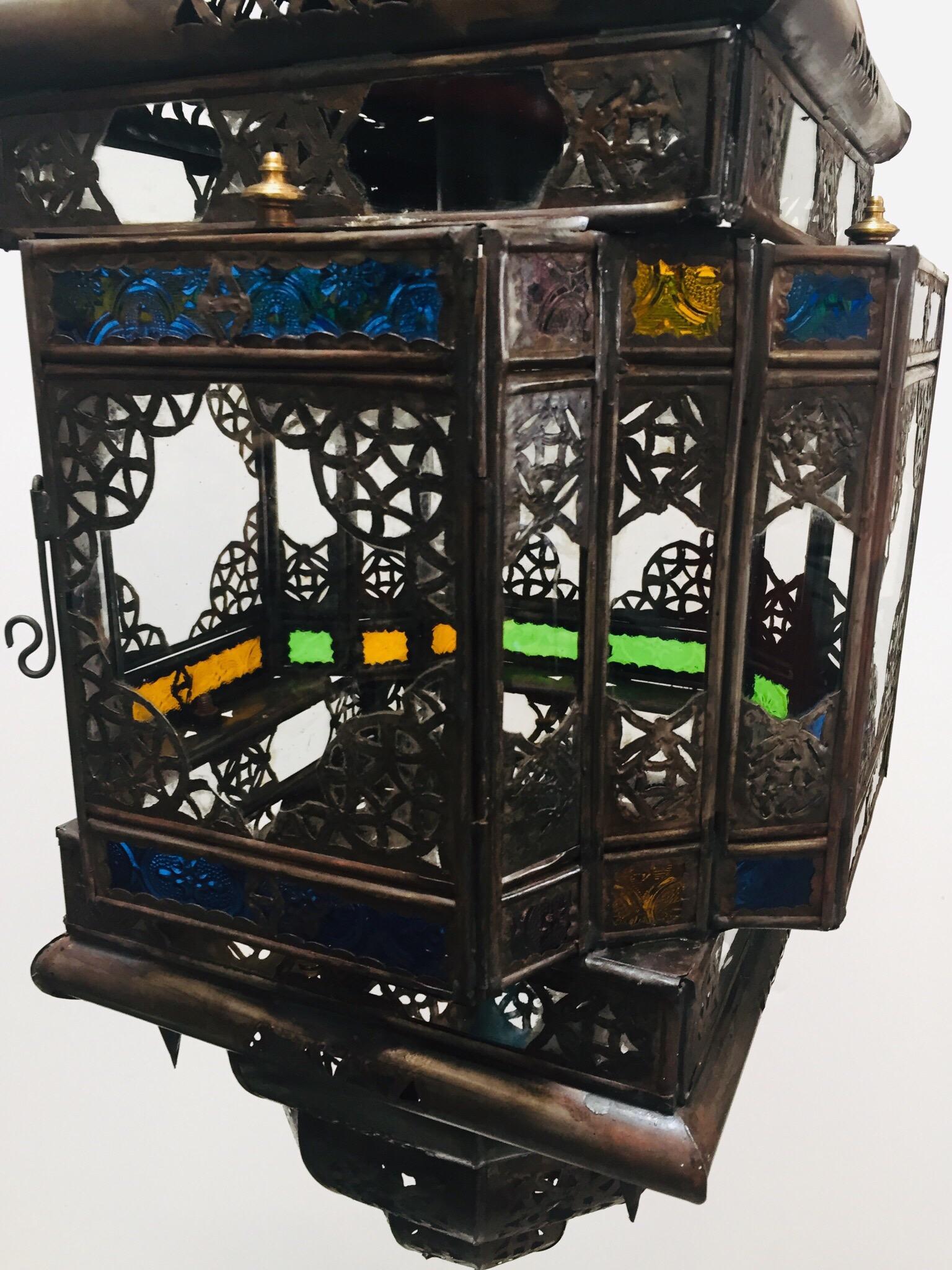 Moroccan Hall Lantern Light Fixture with Multi-Color Glass Moorish Style For Sale 10