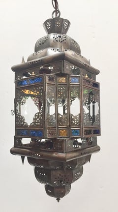 Moroccan Hall Lantern Light Fixture with Multi-Color Glass Moorish Style