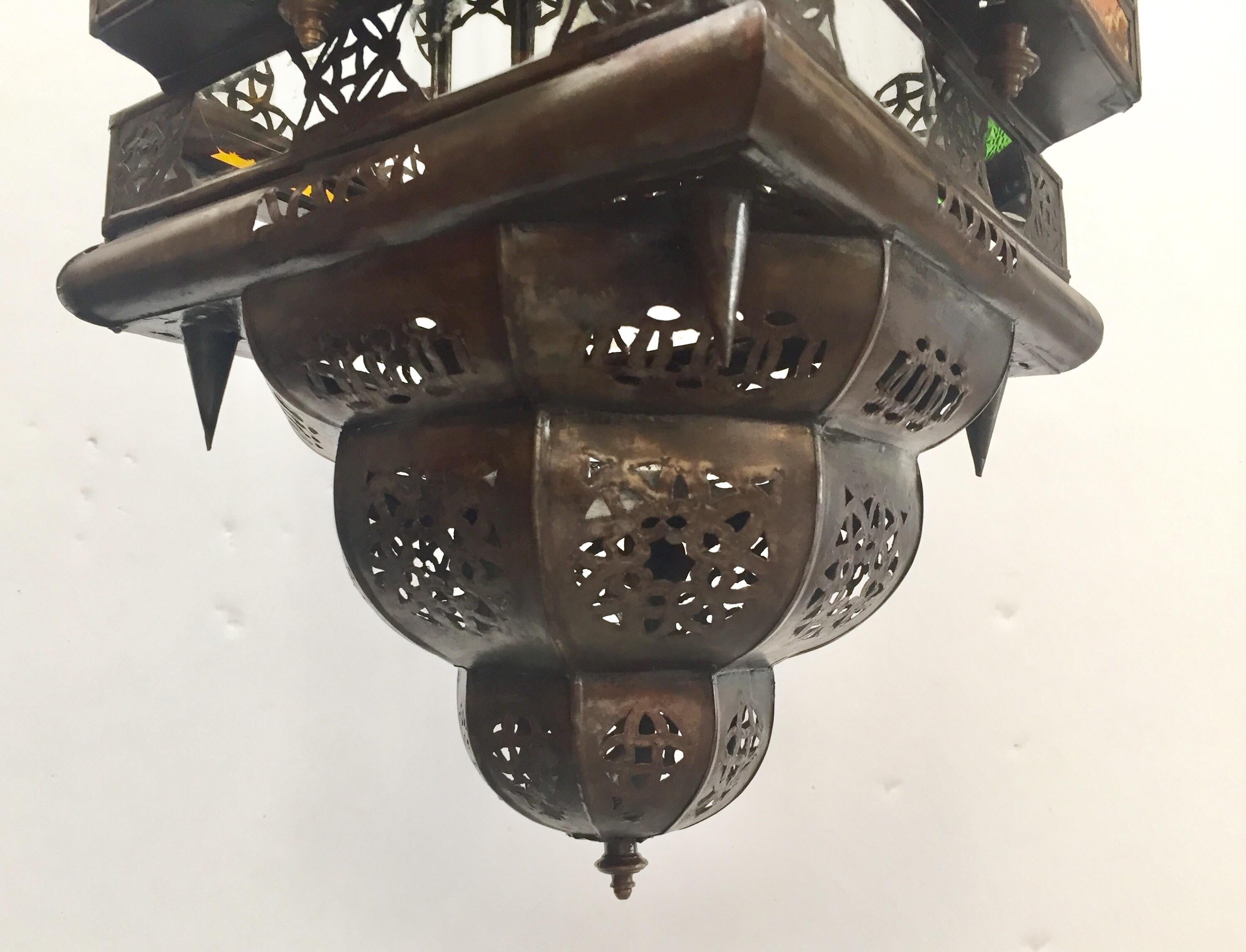 Hand-Crafted Moroccan Hall Lantern Light Fixture with Multi-Color Glass Moorish Style For Sale