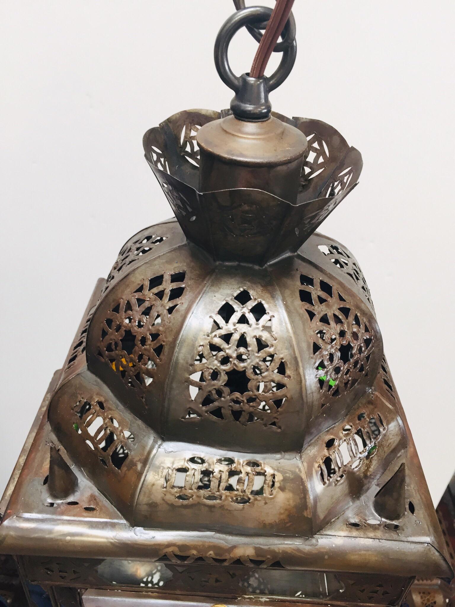 Moroccan Hall Lantern Light Fixture with Multi-Color Glass Moorish Style In Good Condition For Sale In North Hollywood, CA