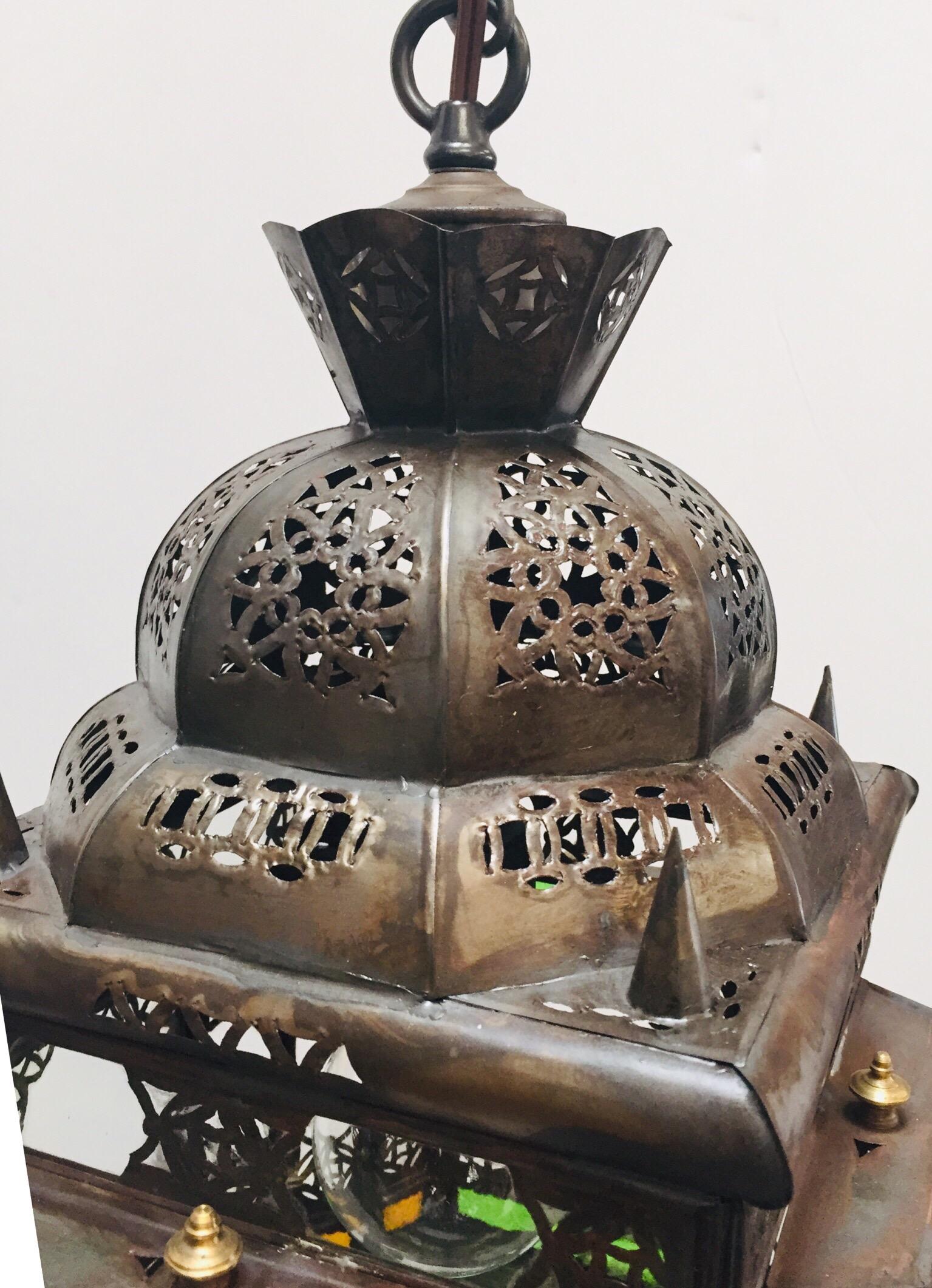 20th Century Moroccan Hall Lantern Light Fixture with Multi-Color Glass Moorish Style For Sale