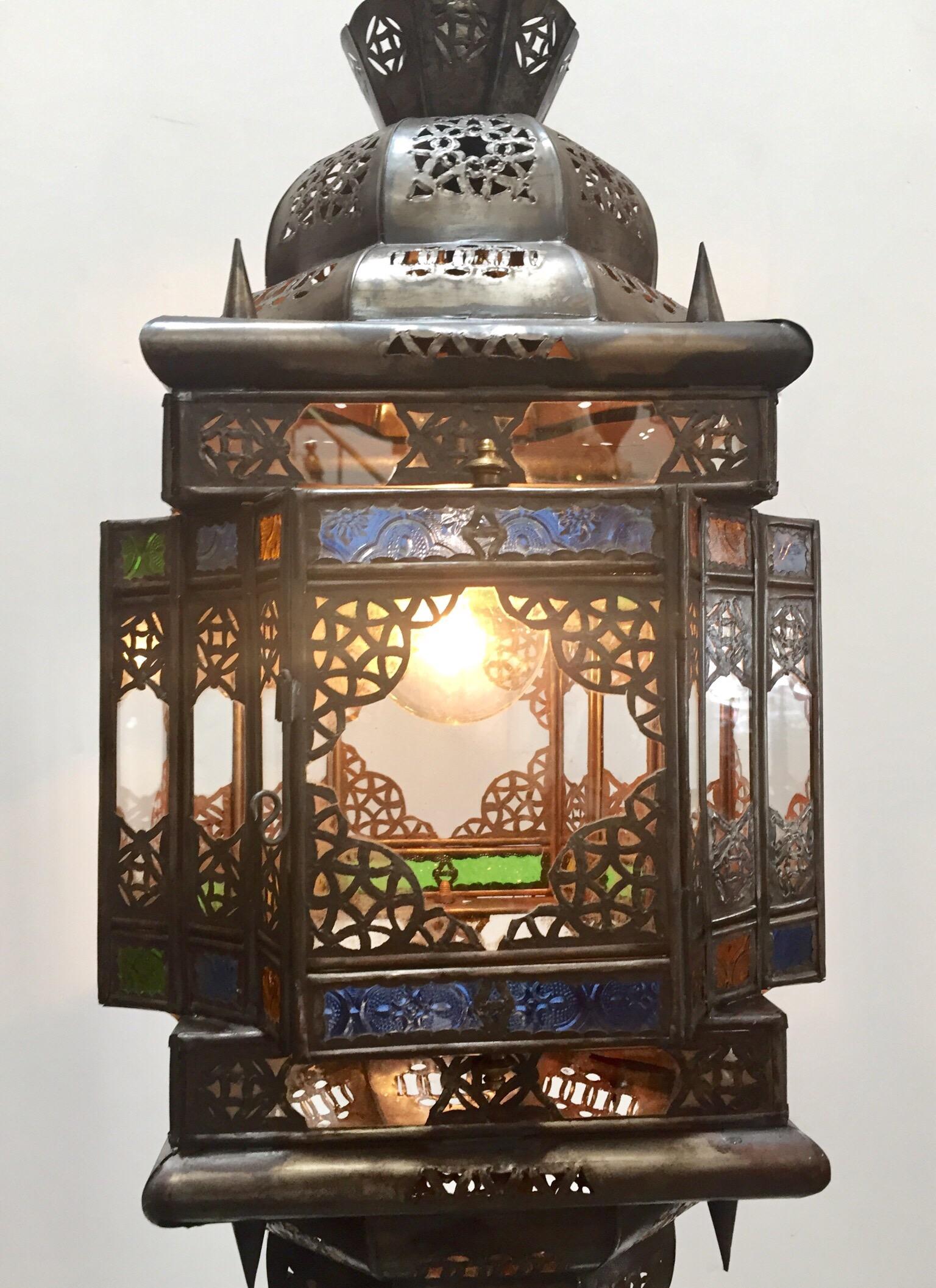 Metal Moroccan Hall Lantern Light Fixture with Multi-Color Glass Moorish Style For Sale