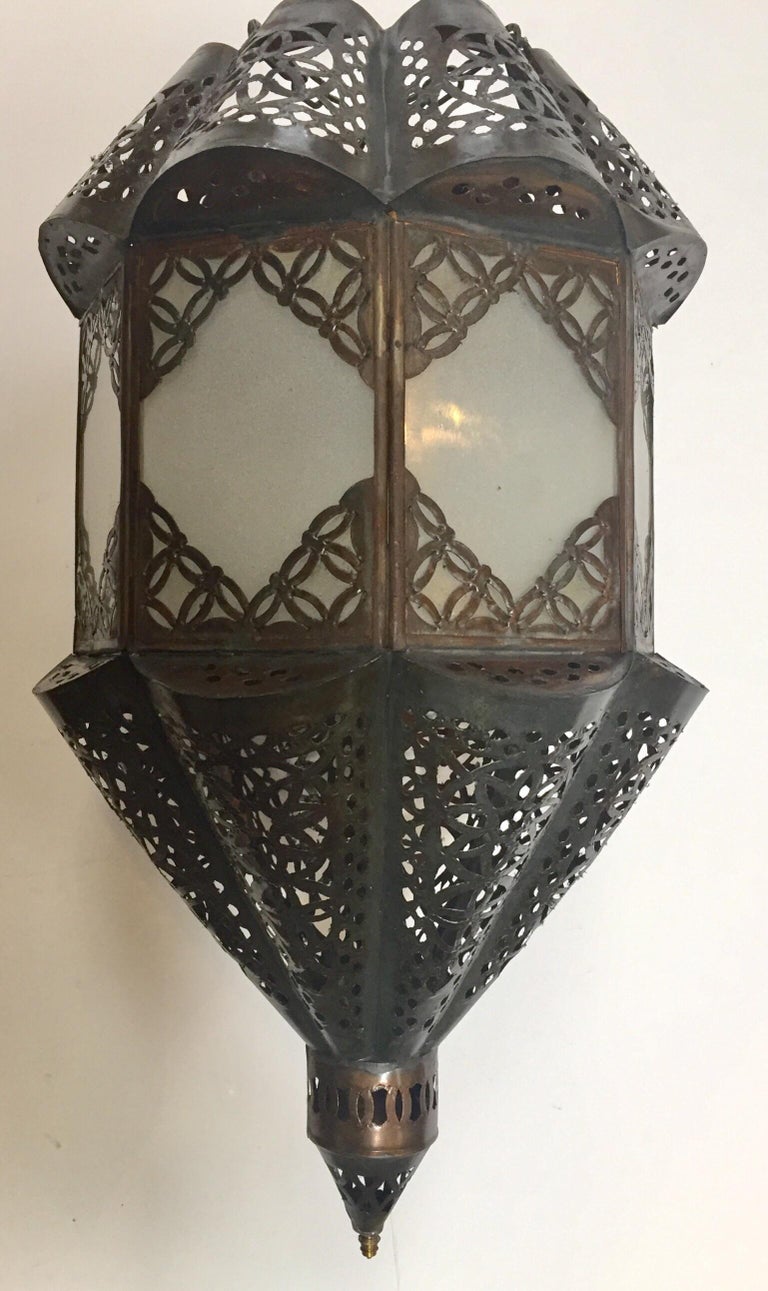 Moroccan Handcrafted Moorish Pendant Frosted Glass Lantern For Sale 4