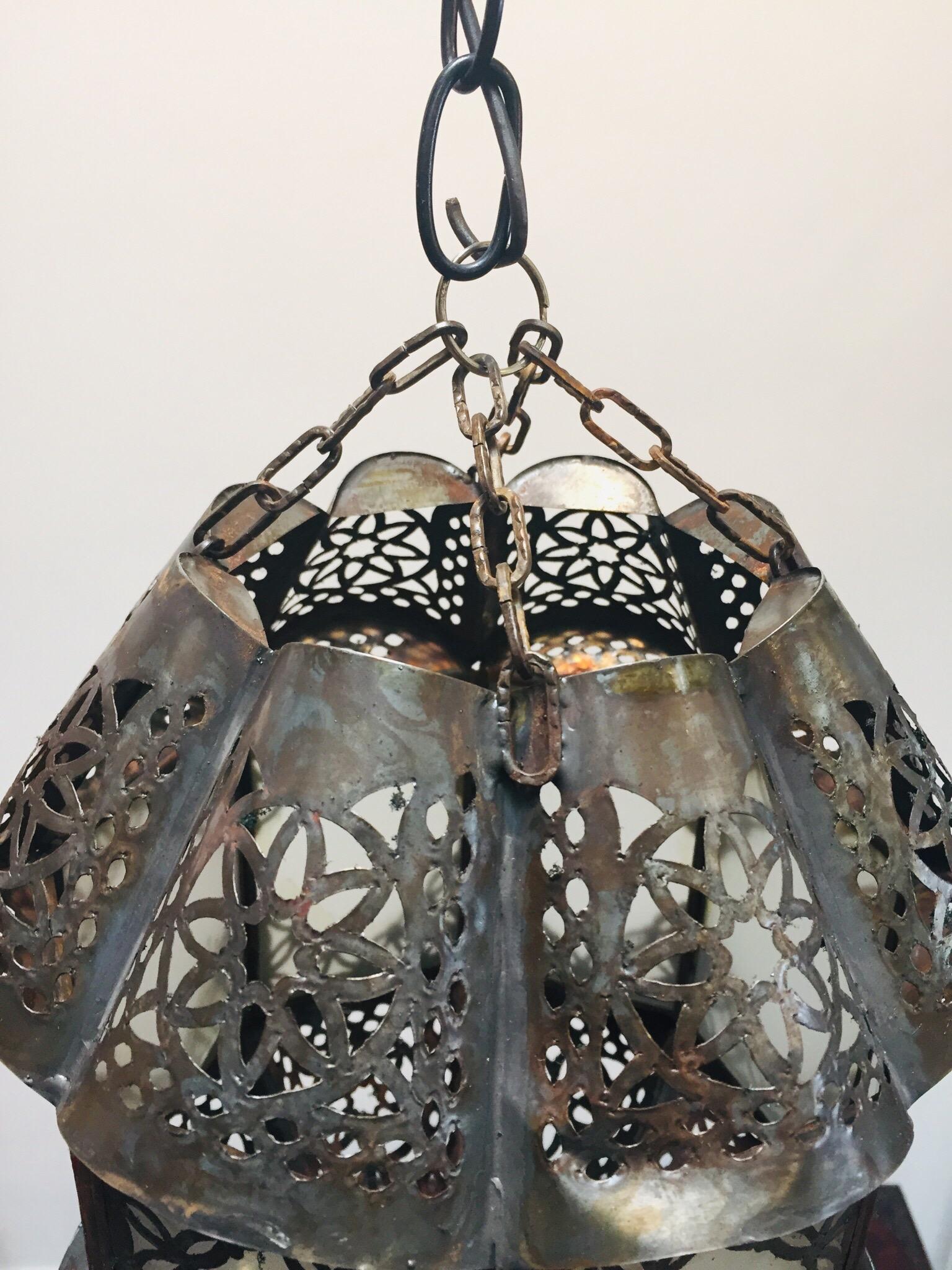 Moroccan Handcrafted Moorish Pendant Frosted Glass Lantern For Sale 6