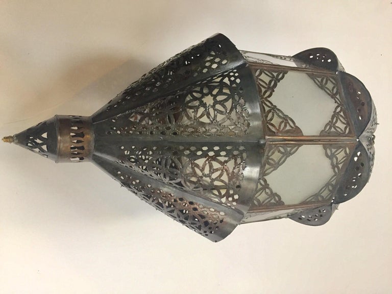 Moroccan Handcrafted Moorish Pendant Frosted Glass Lantern For Sale 9
