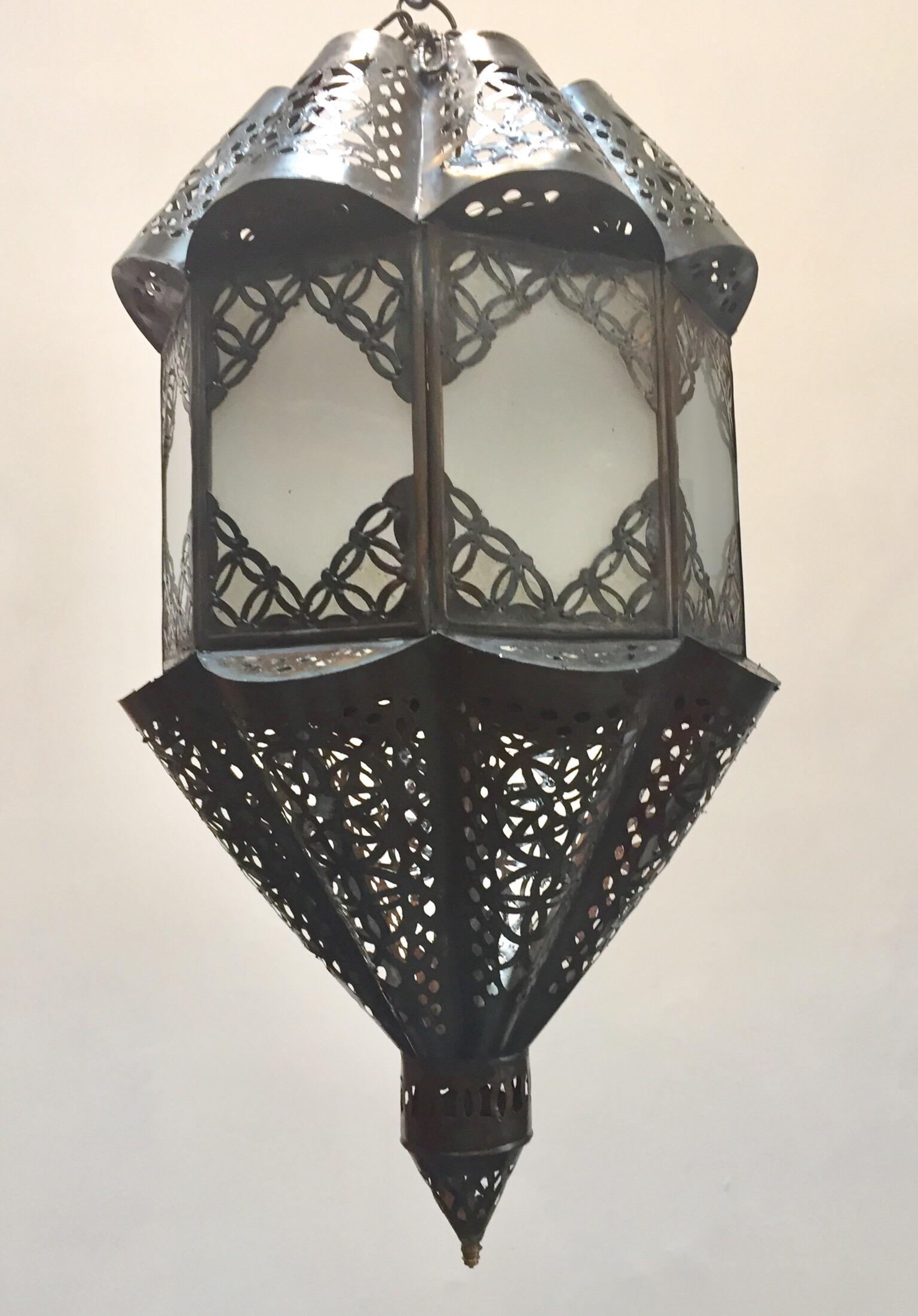 Hand-Crafted Moroccan Handcrafted Moorish Pendant Frosted Glass Lantern For Sale