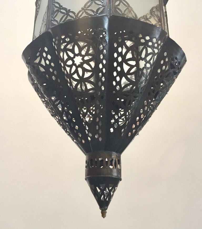 20th Century Moroccan Handcrafted Moorish Pendant Frosted Glass Lantern For Sale