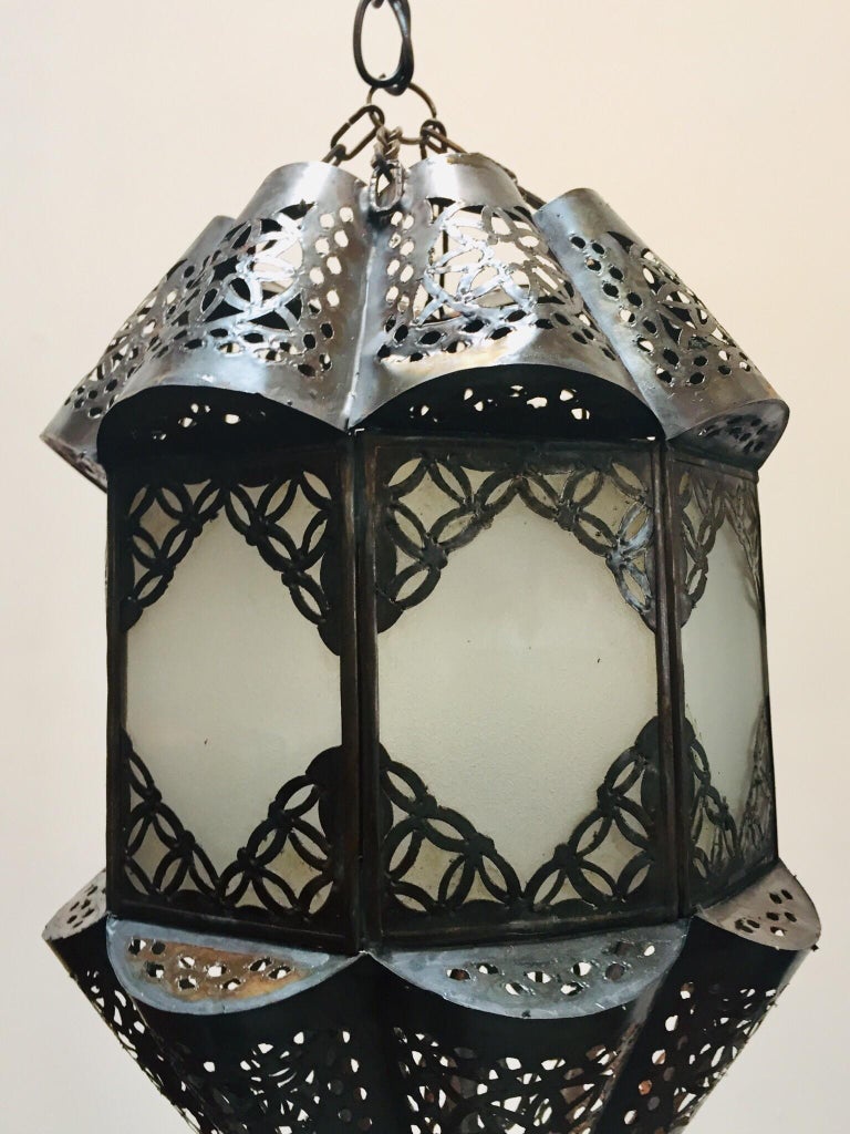 Moroccan Handcrafted Moorish Pendant Frosted Glass Lantern For Sale 1