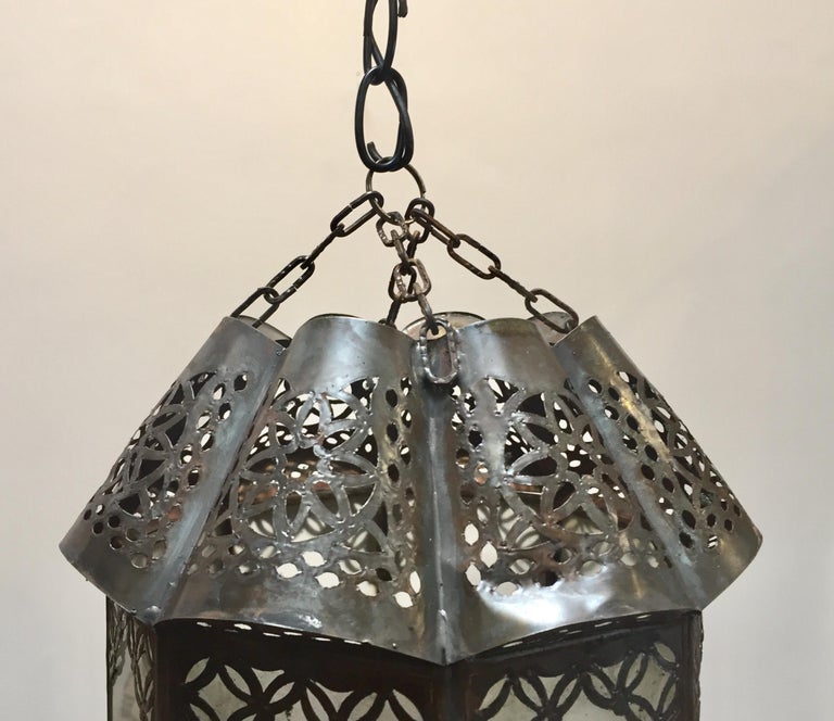 Moroccan Handcrafted Moorish Pendant Frosted Glass Lantern For Sale 2