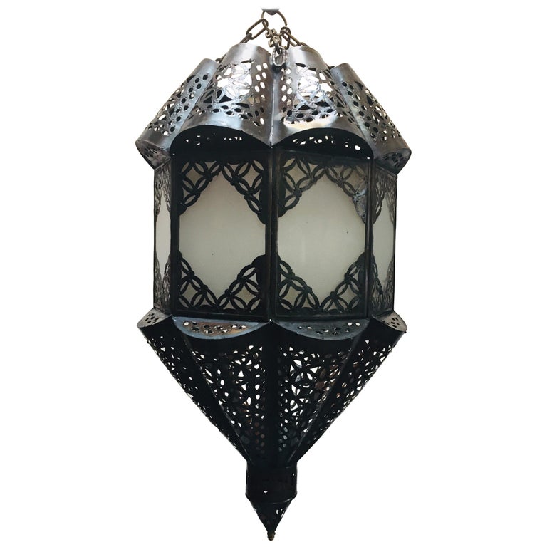 Moroccan Handcrafted Moorish Pendant Frosted Glass Lantern For Sale