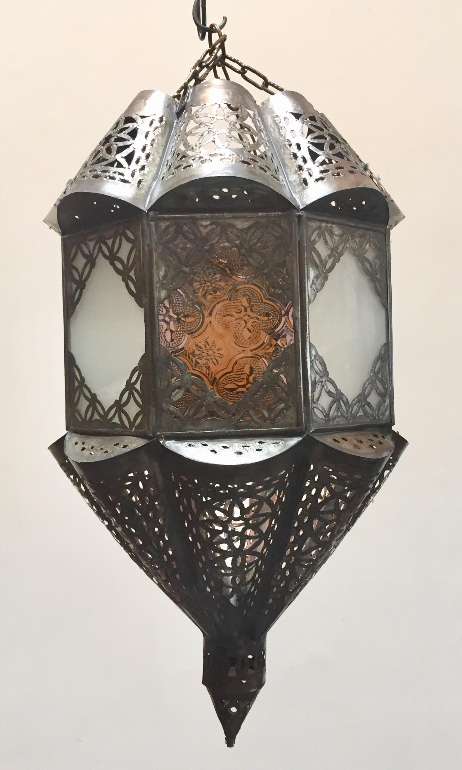 Hand-Crafted Moroccan Lantern Handcrafted Moorish Metal and Glass For Sale
