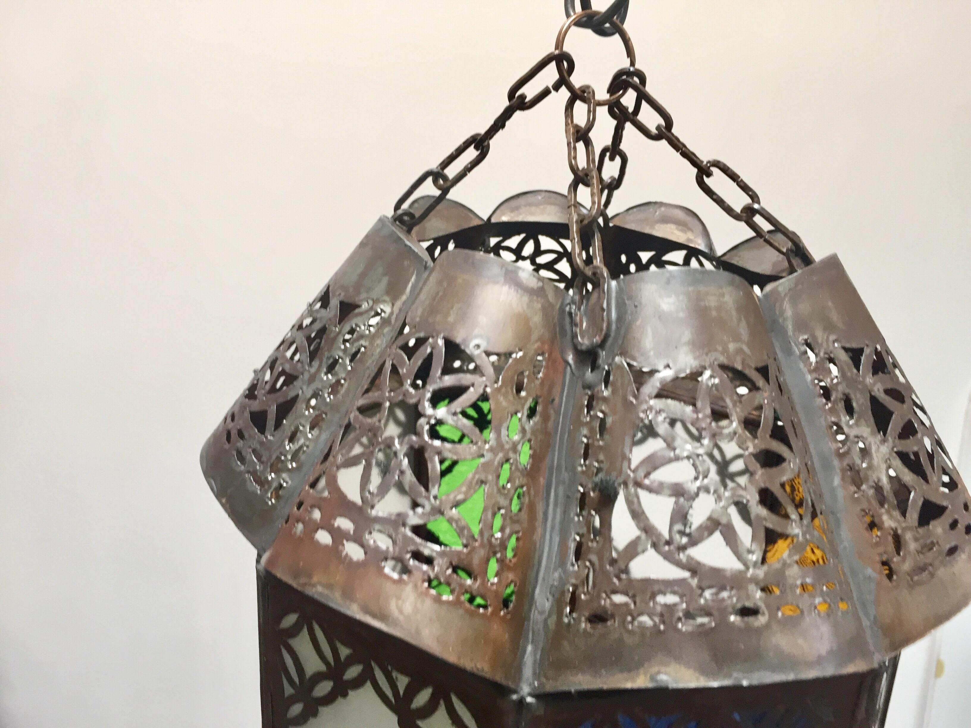 20th Century Moroccan Lantern Handcrafted Moorish Metal and Glass For Sale