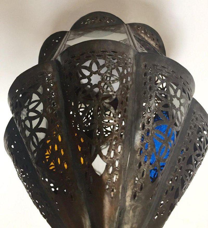 Metal Moroccan Lantern Handcrafted Moorish Pendant Glass For Sale