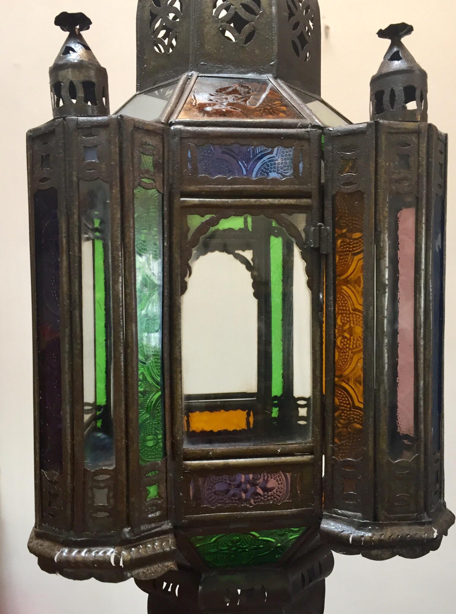 Moroccan Handcrafted Moorish Pendant Lantern with Multi-Color Glass For Sale 4